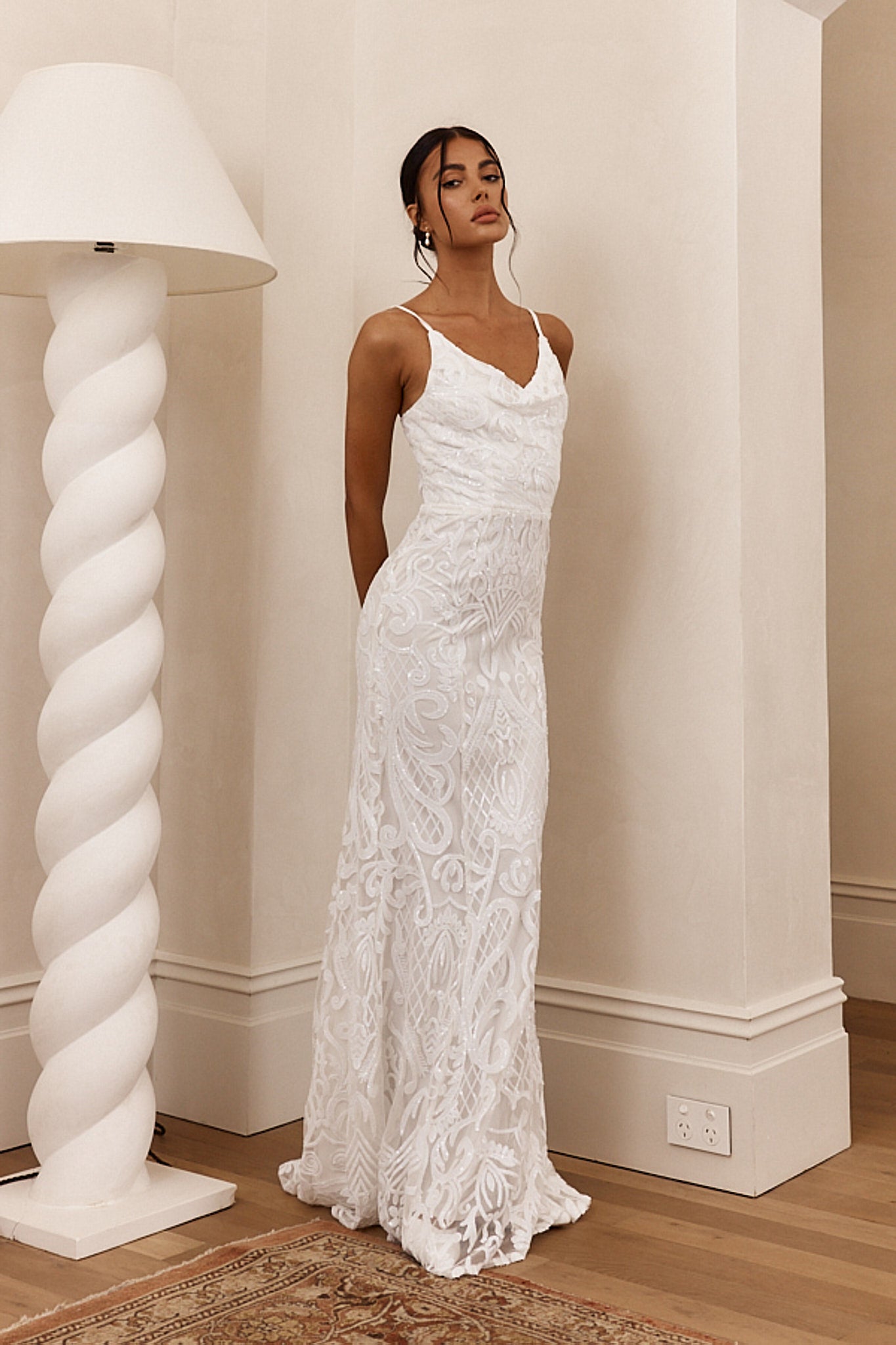 Cezanne Sequin Cowl Neck Maxi Dress White-Maymioy