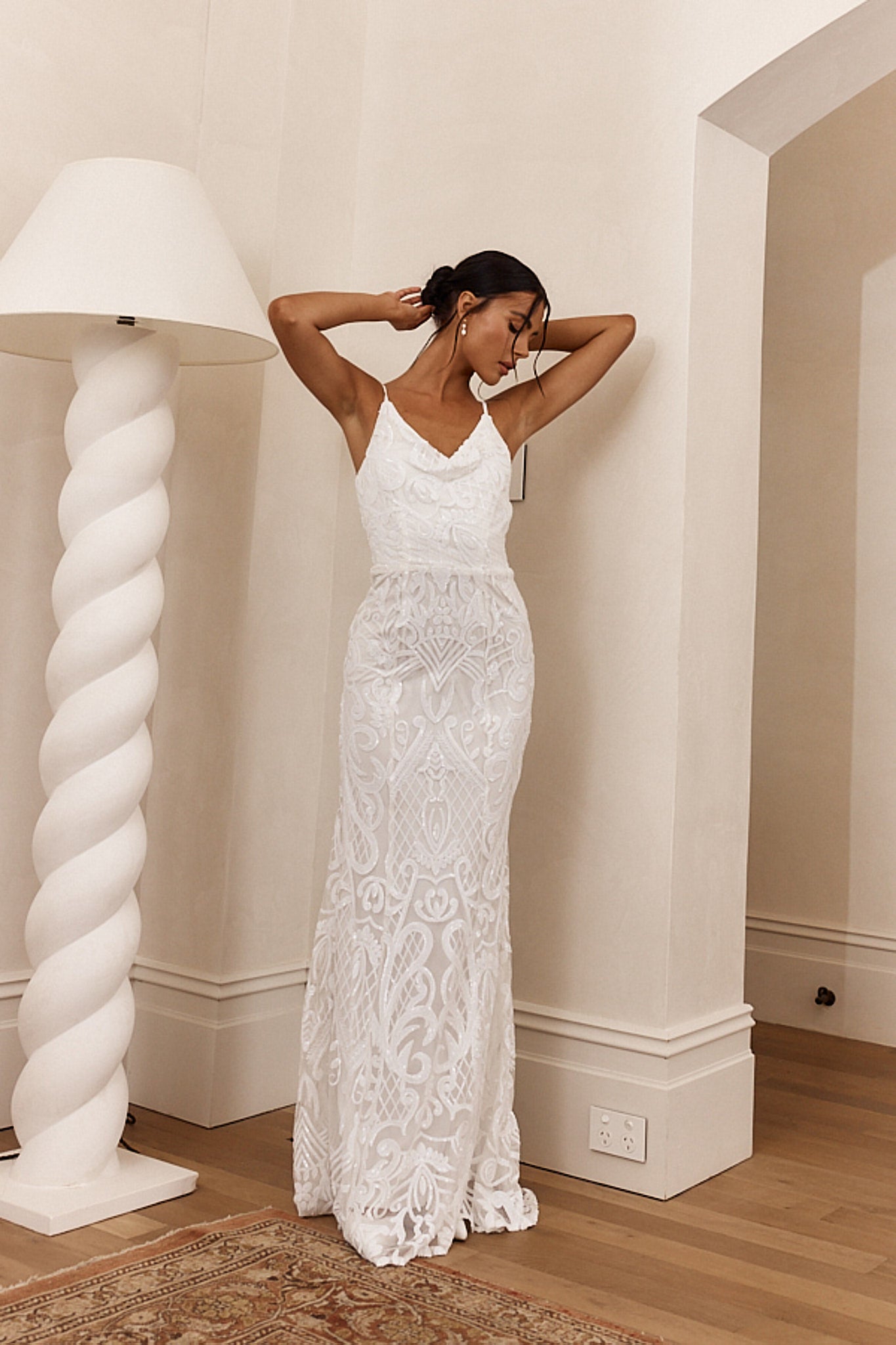 Cezanne Sequin Cowl Neck Maxi Dress White-Maymioy