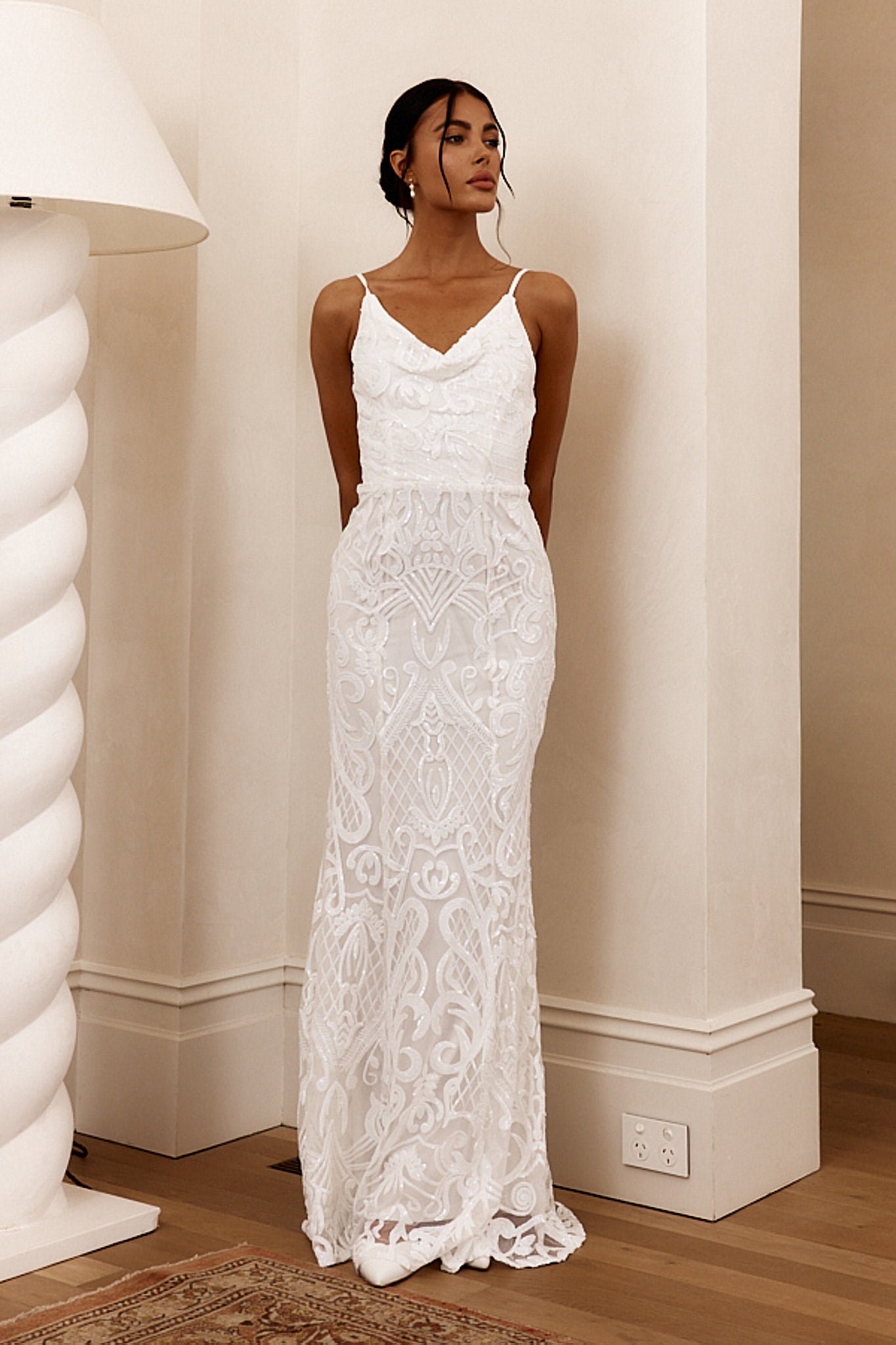 Cezanne Sequin Cowl Neck Maxi Dress White-Maymioy