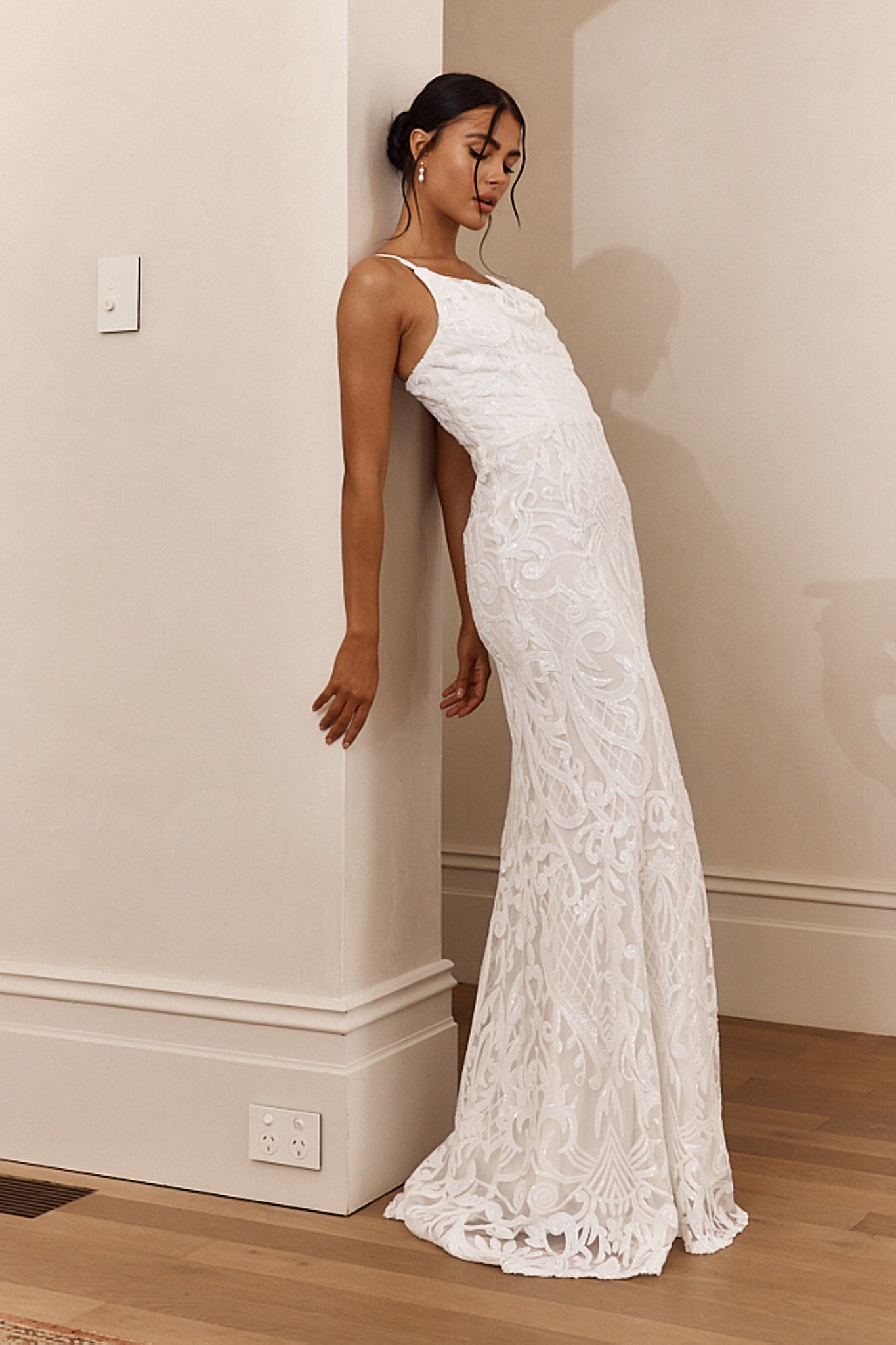 Cezanne Sequin Cowl Neck Maxi Dress White-Maymioy