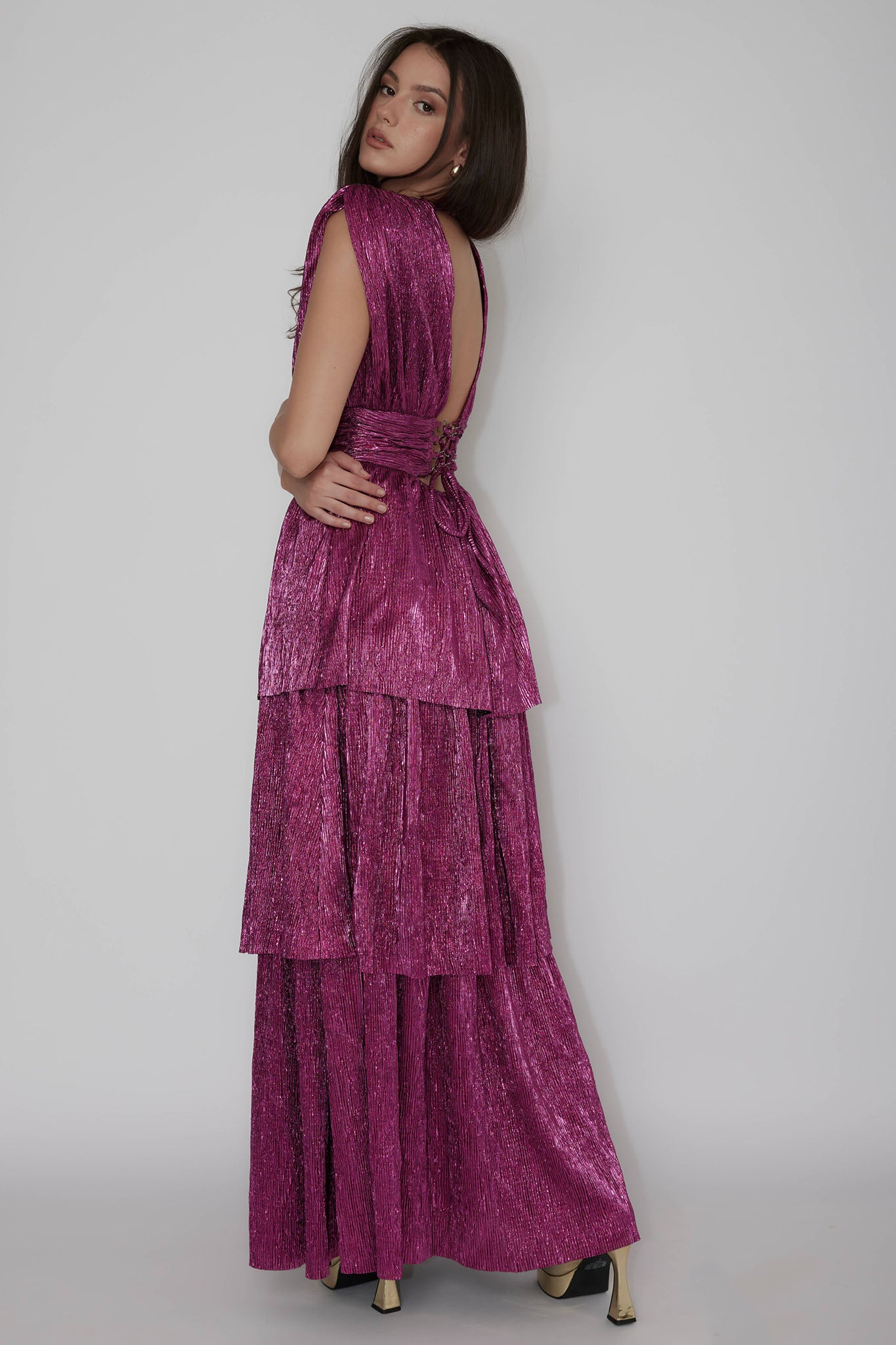 Shimmer Layered Maxi Dress Magenta Haze-Maymioy