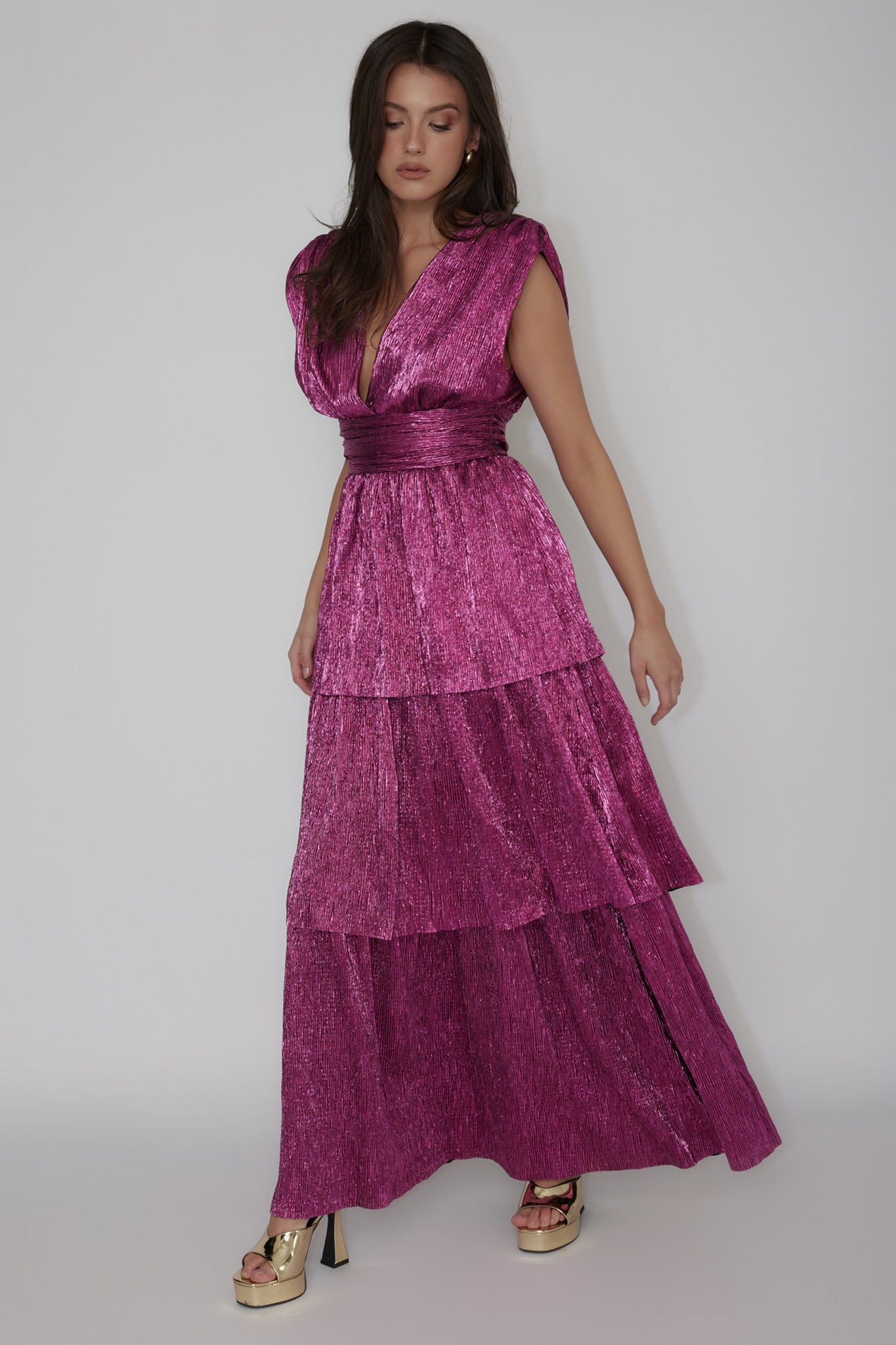 Shimmer Layered Maxi Dress Magenta Haze-Maymioy
