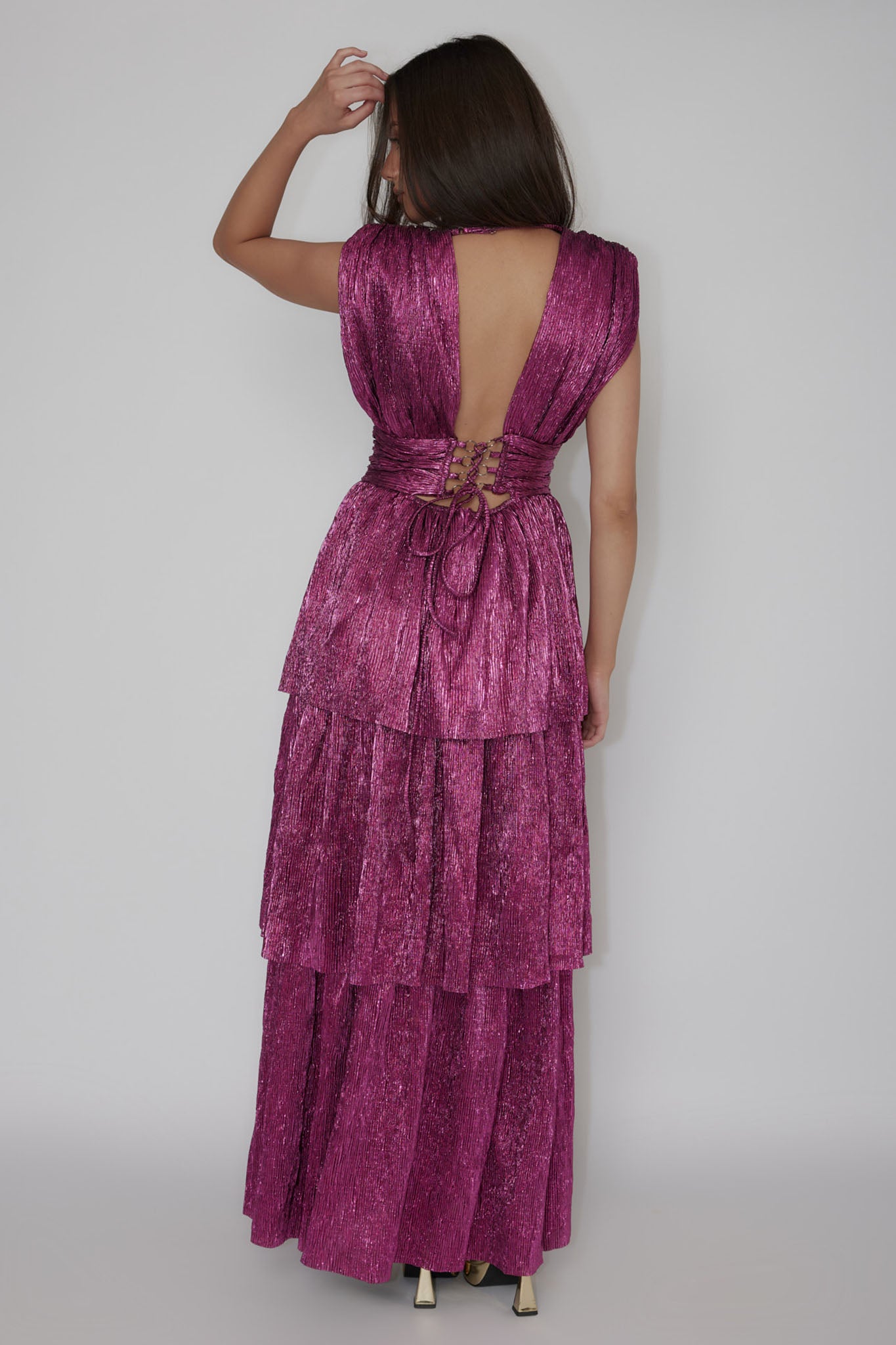 Shimmer Layered Maxi Dress Magenta Haze-Maymioy
