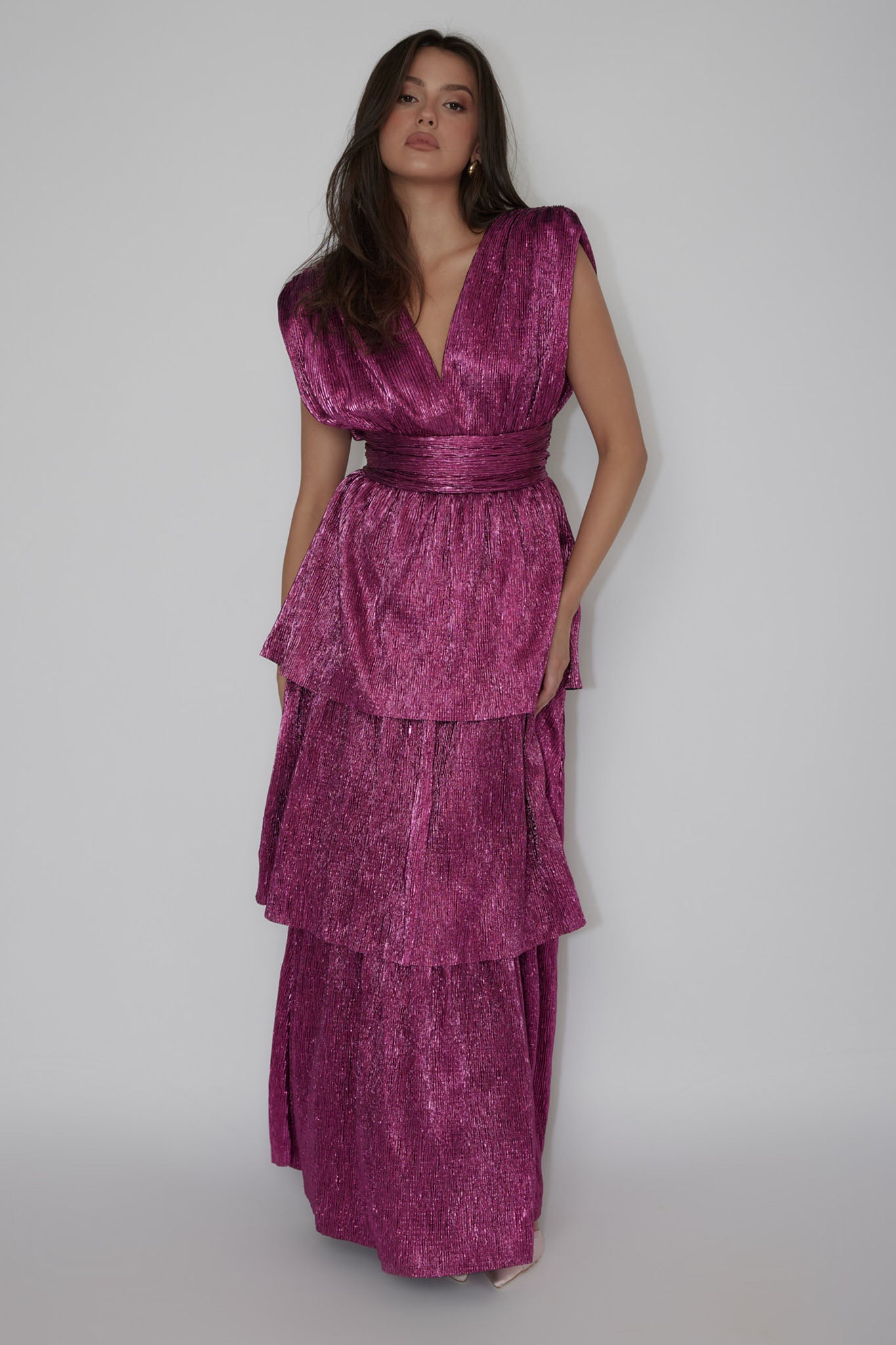Shimmer Layered Maxi Dress Magenta Haze-Maymioy
