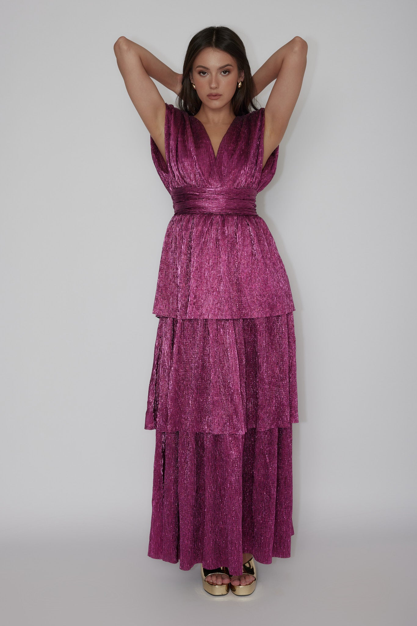 Shimmer Layered Maxi Dress Magenta Haze-Maymioy
