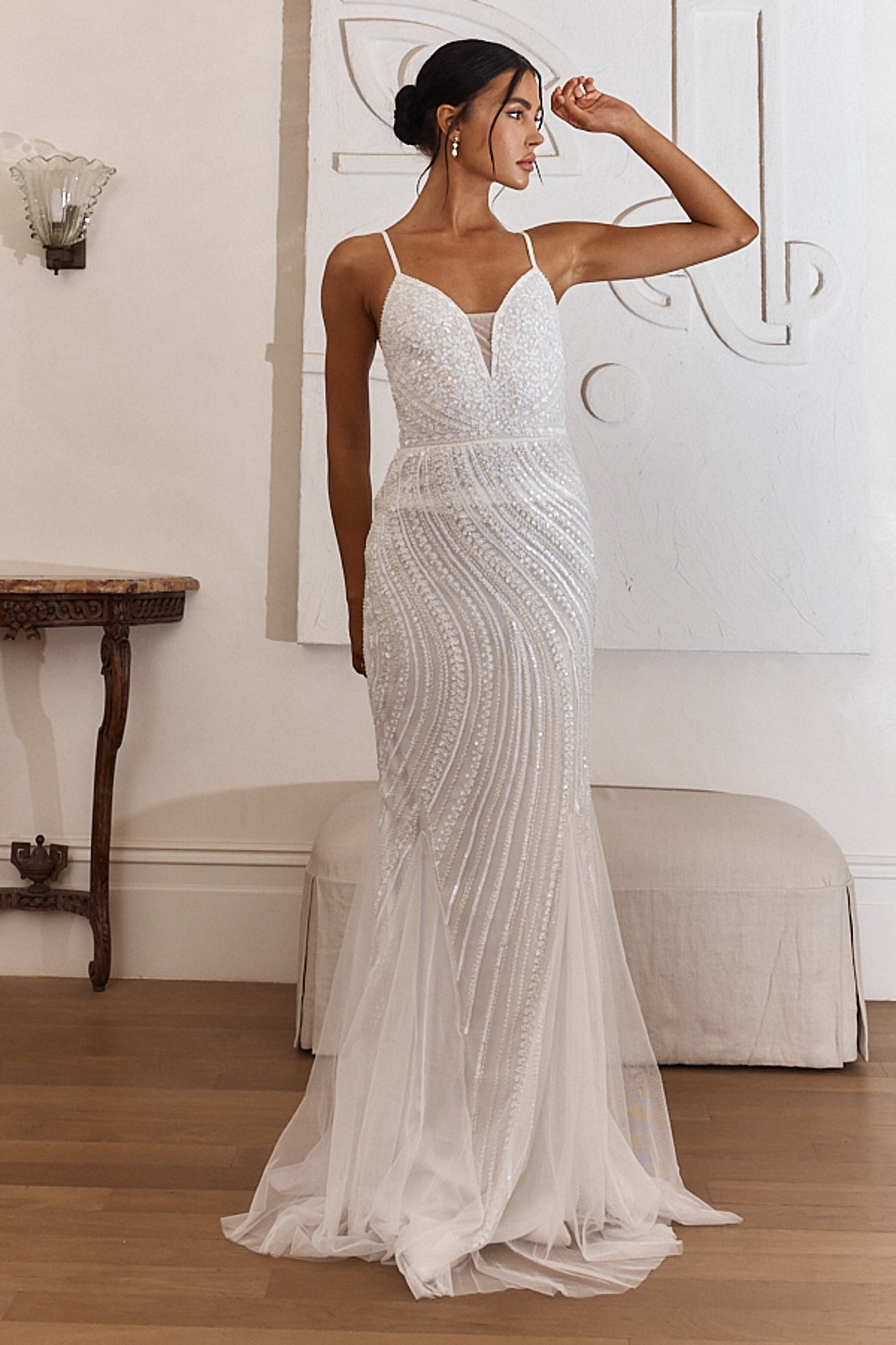 Eternal Love Sequin Godet Hem Maxi Dress White-Maymioy