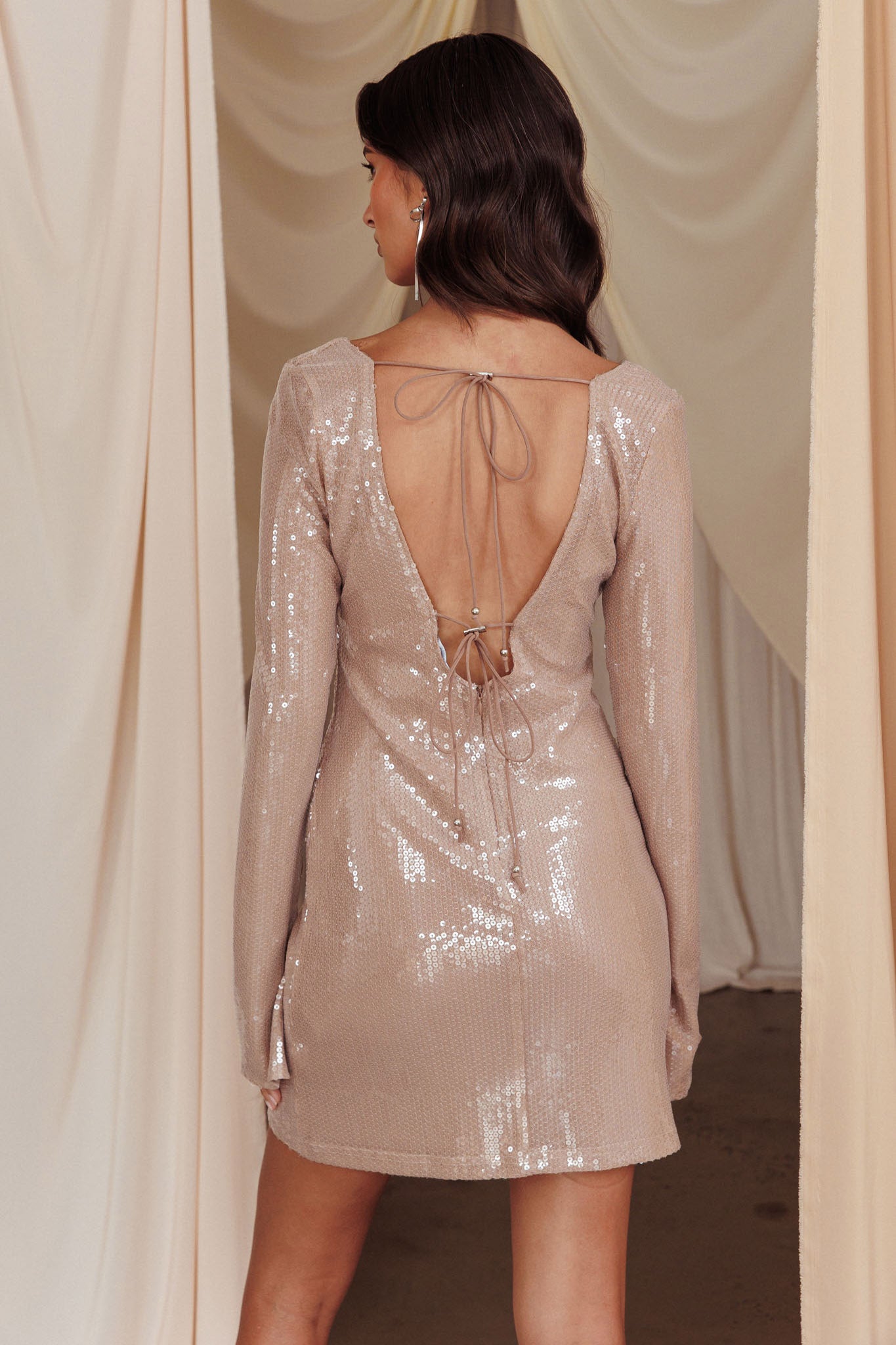 Poppin' Bottles Tied Bust Sequin Mini Dress Beige-Maymioy