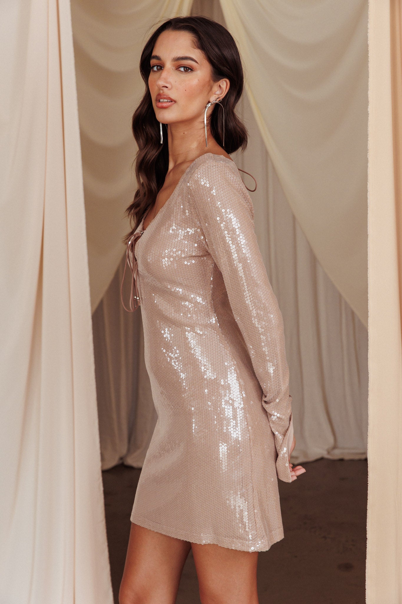 Poppin' Bottles Tied Bust Sequin Mini Dress Beige-Maymioy