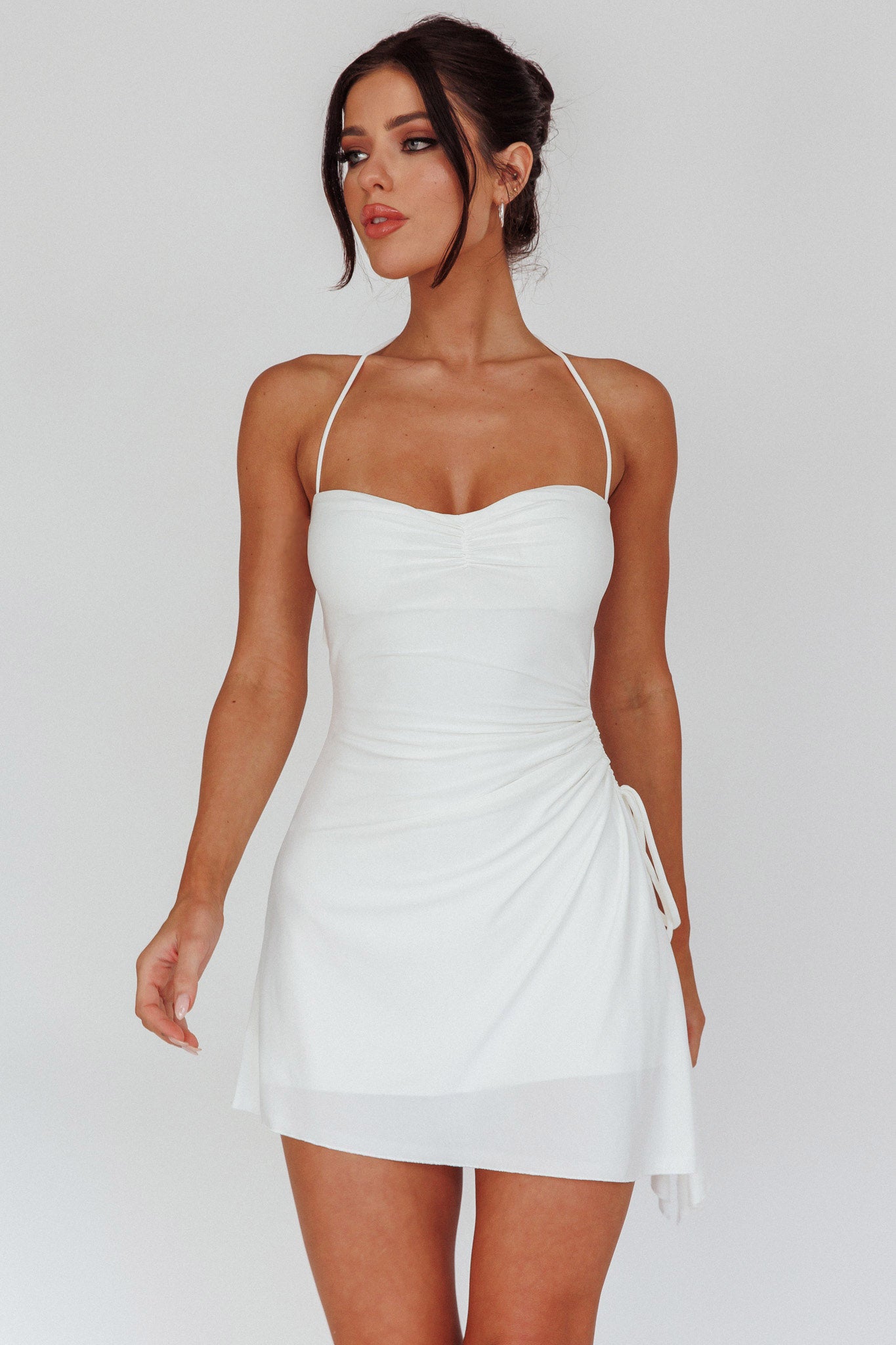 Thriving Ruched Side Mini Dress Off White-Maymioy