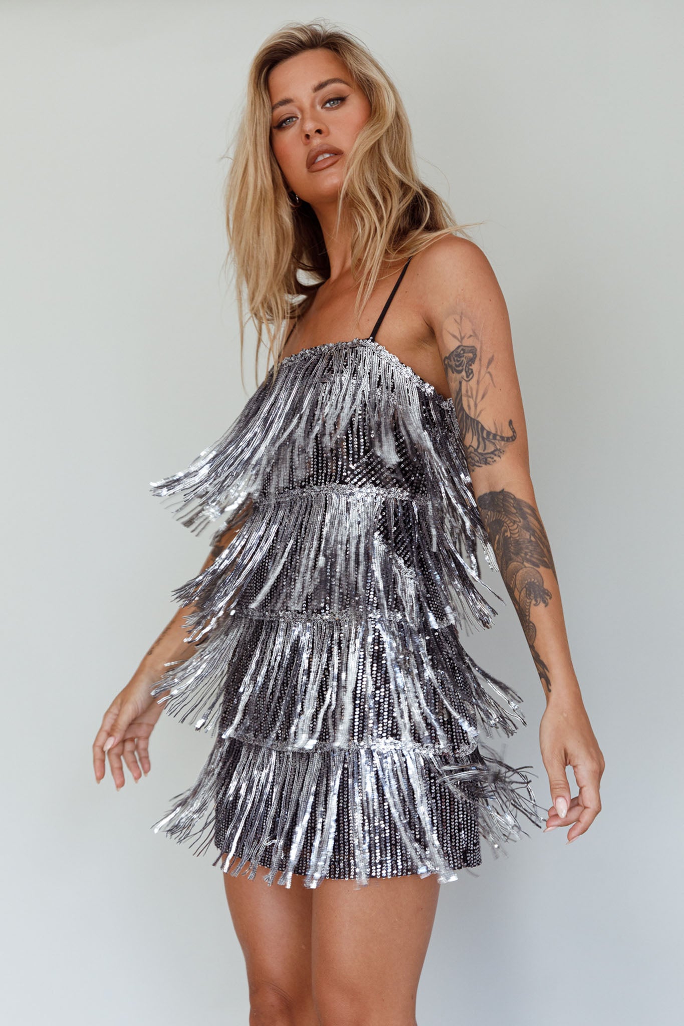 New York Nights Sequin Fringe Mini Dress Black-Maymioy