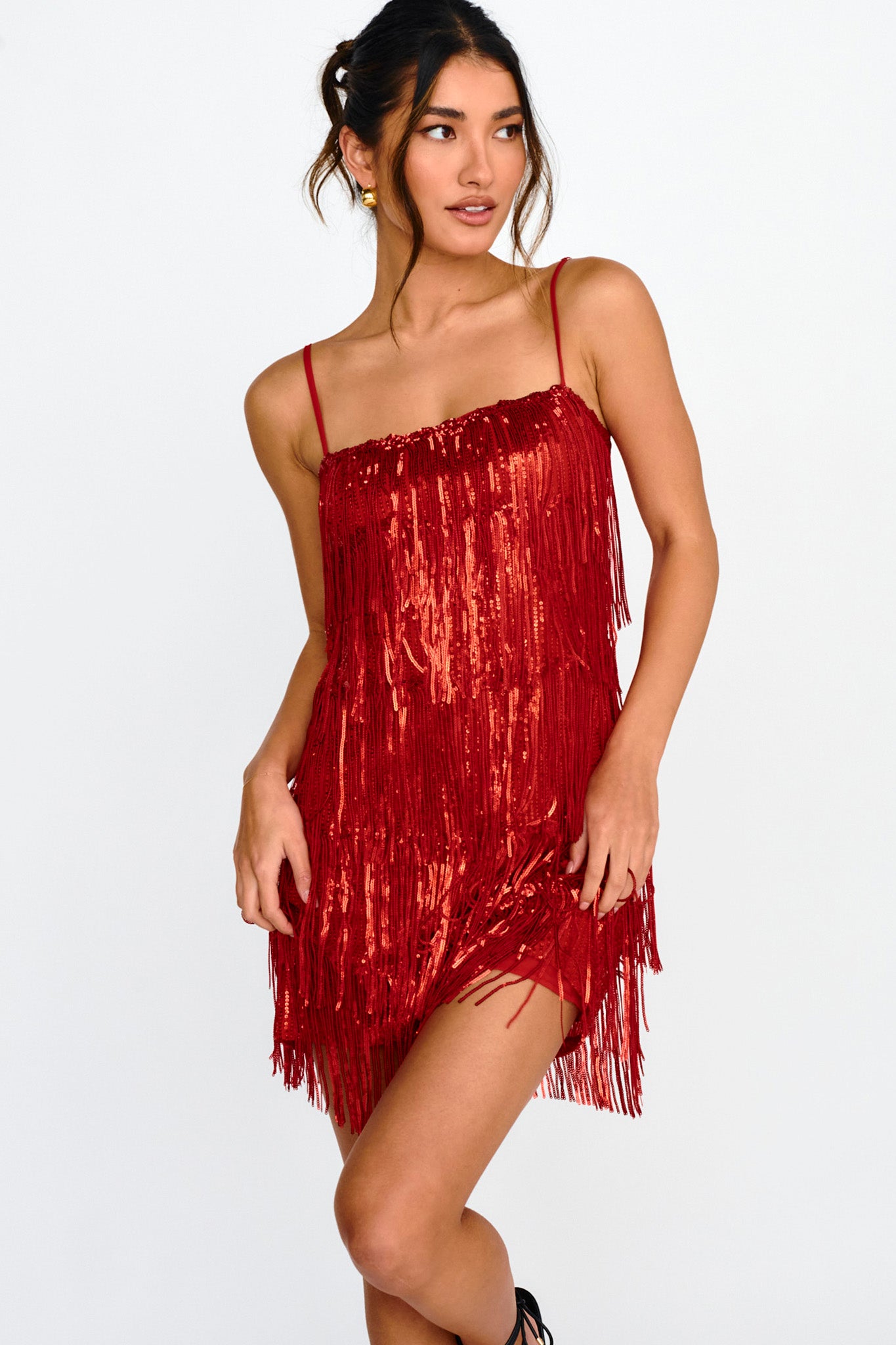 New York Nights Sequin Fringe Mini Dress Red-Maymioy