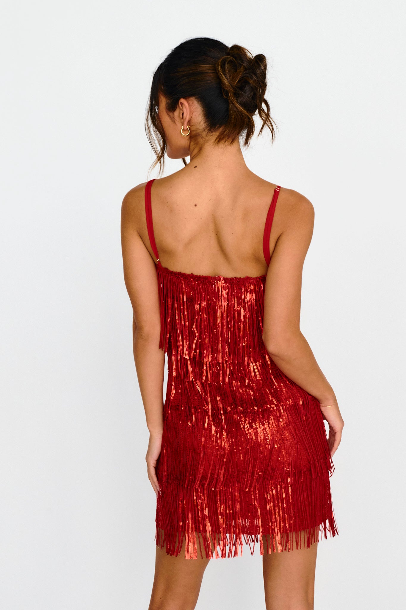 New York Nights Sequin Fringe Mini Dress Red-Maymioy