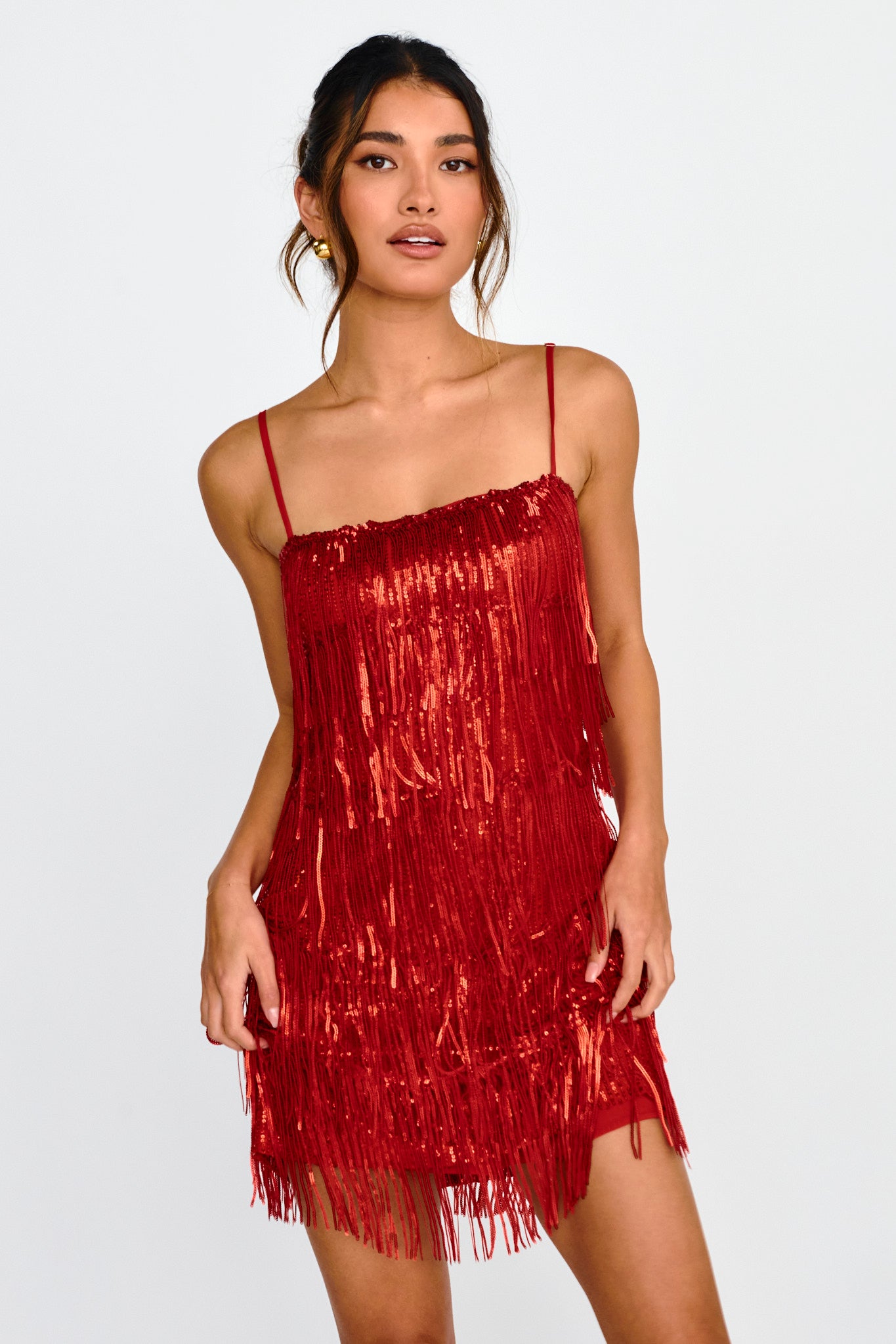 New York Nights Sequin Fringe Mini Dress Red-Maymioy