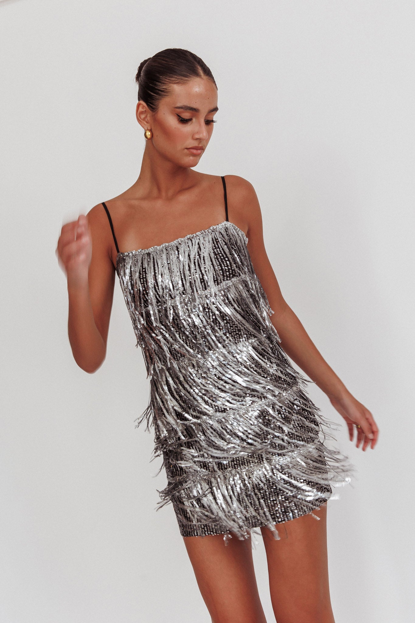 New York Nights Sequin Fringe Mini Dress Black-Maymioy