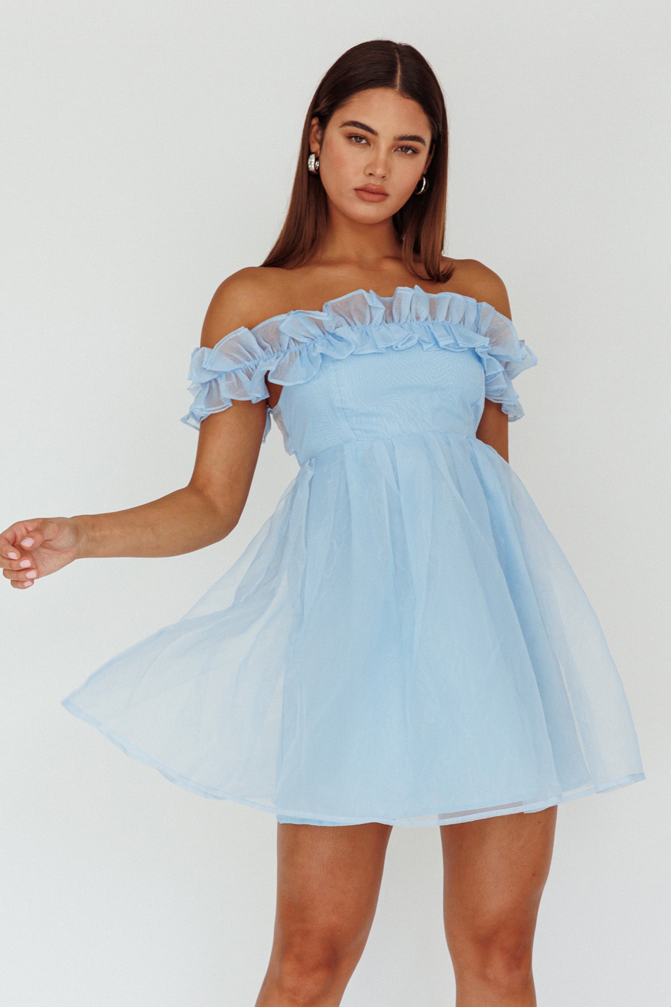 Dreamers Off-Shoulder Frill Mini Dress Light Blue-Maymioy