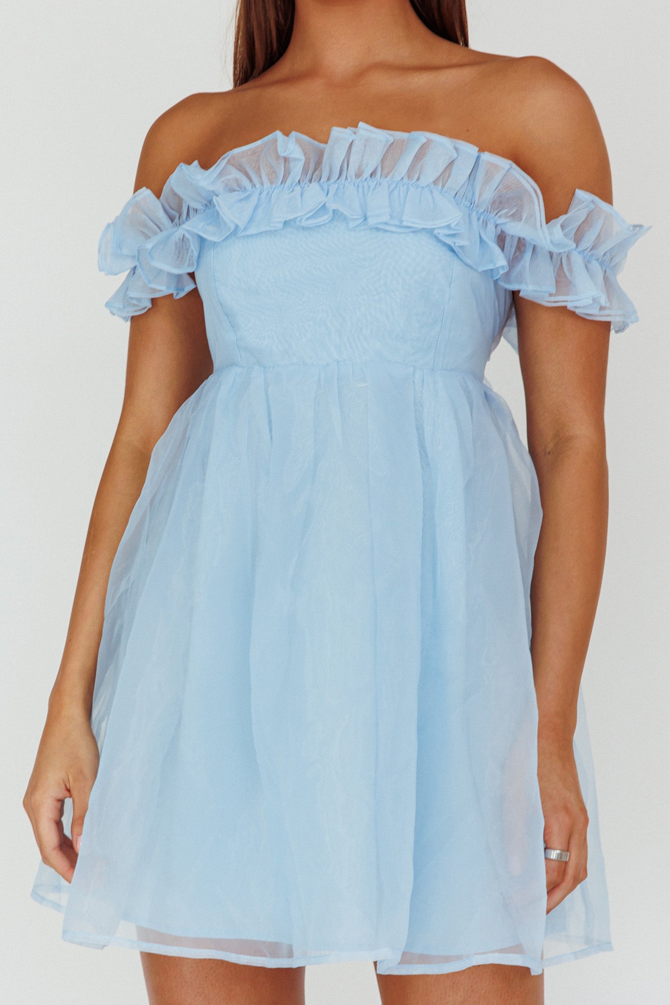 Dreamers Off-Shoulder Frill Mini Dress Light Blue-Maymioy