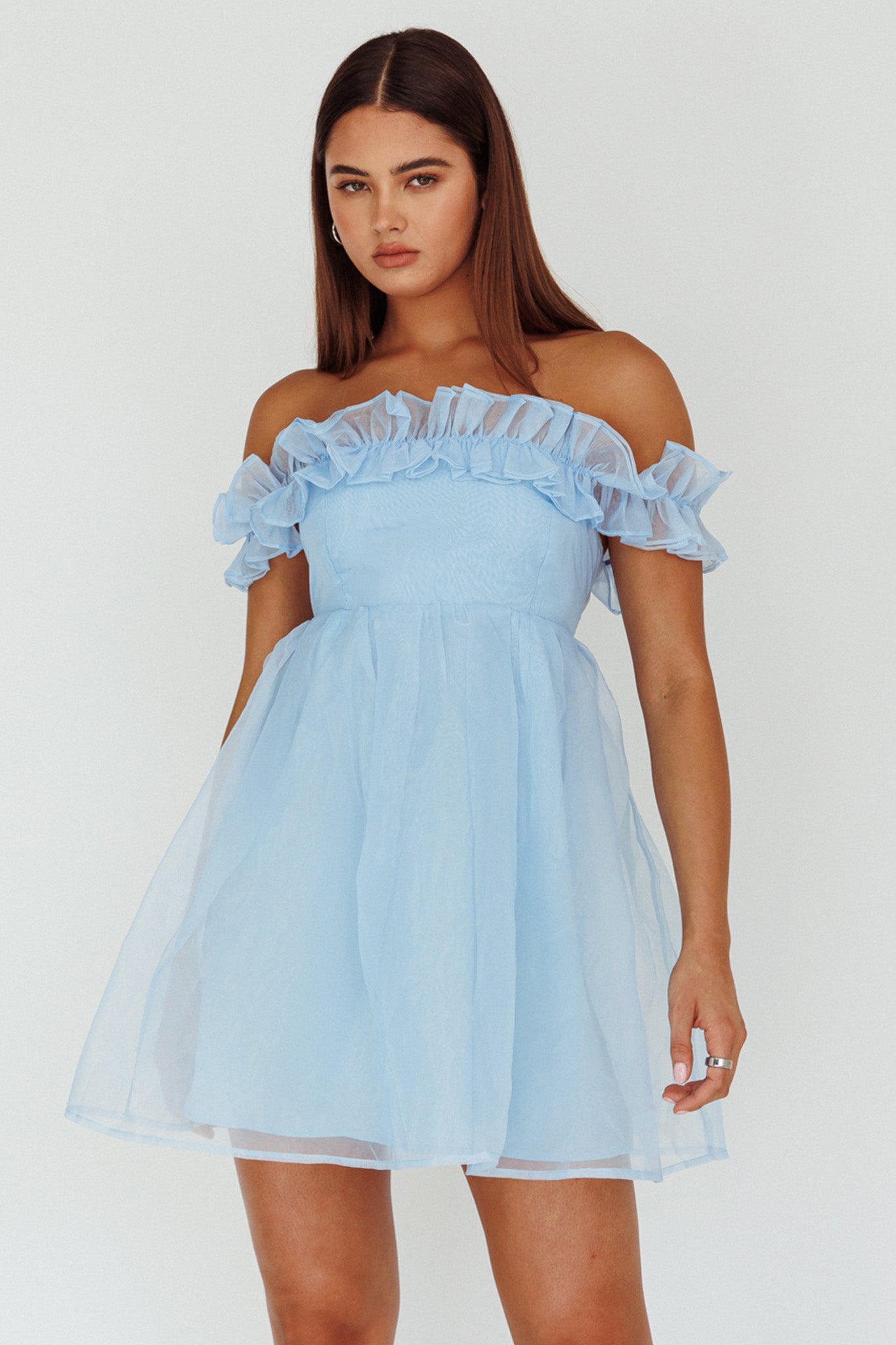 Dreamers Off-Shoulder Frill Mini Dress Light Blue-Maymioy