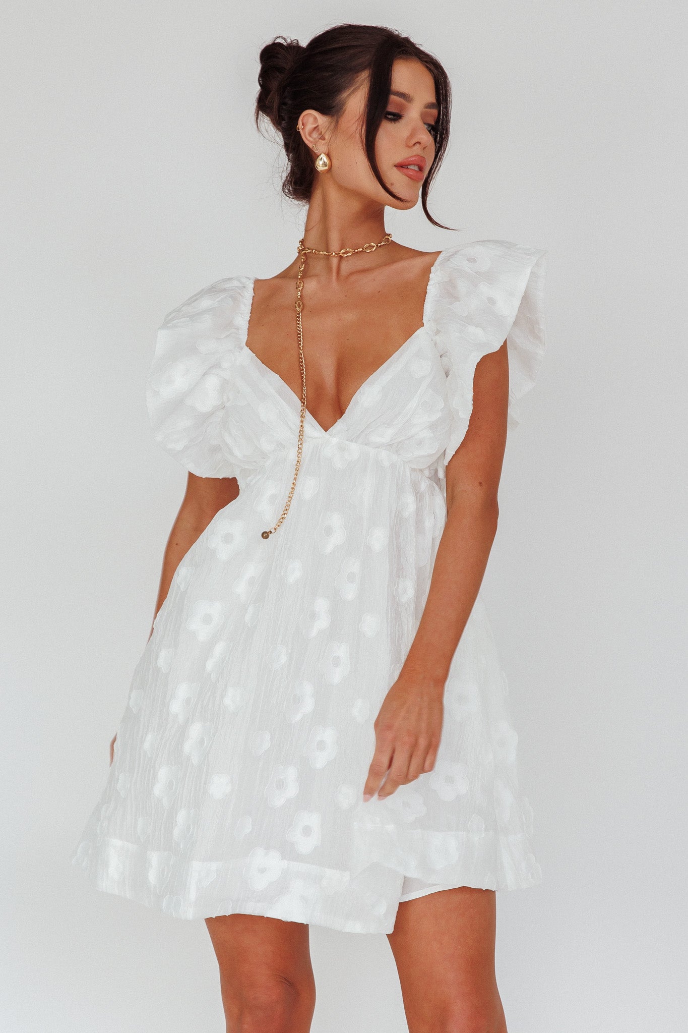 Melrose Place Floral Textured Frill Dress White-Maymioy