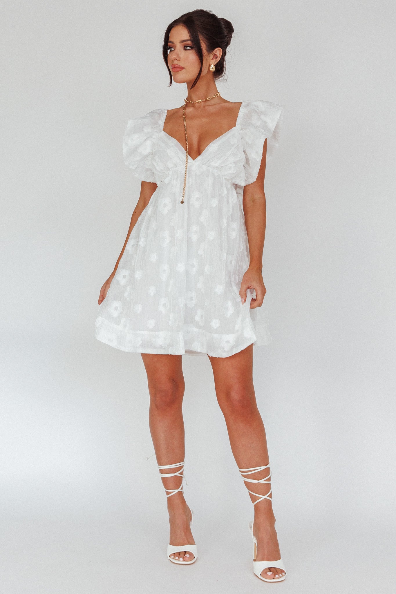 Melrose Place Floral Textured Frill Dress White-Maymioy