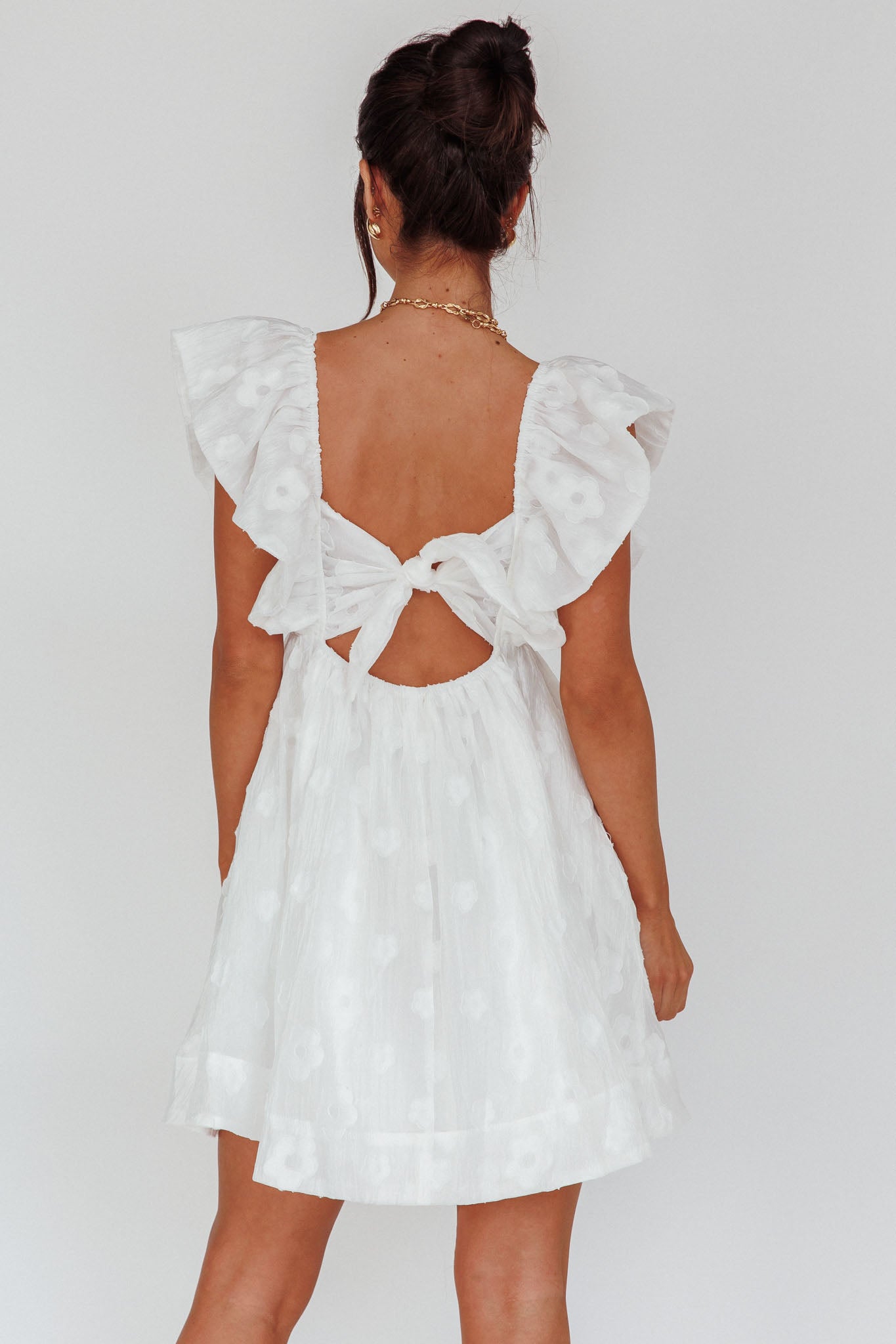 Melrose Place Floral Textured Frill Dress White-Maymioy
