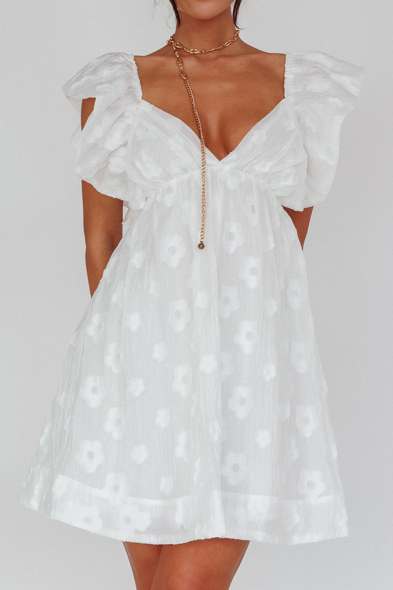 Melrose Place Floral Textured Frill Dress White-Maymioy