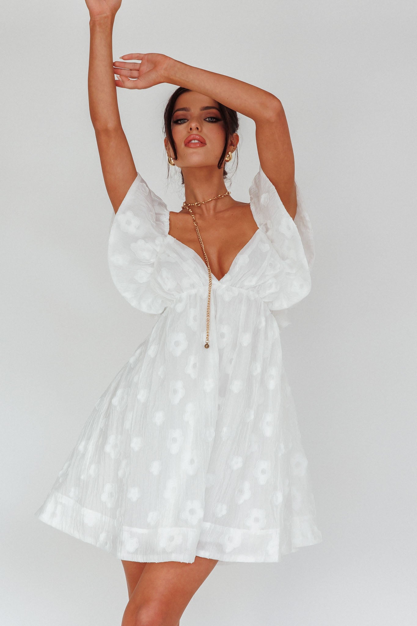 Melrose Place Floral Textured Frill Dress White-Maymioy