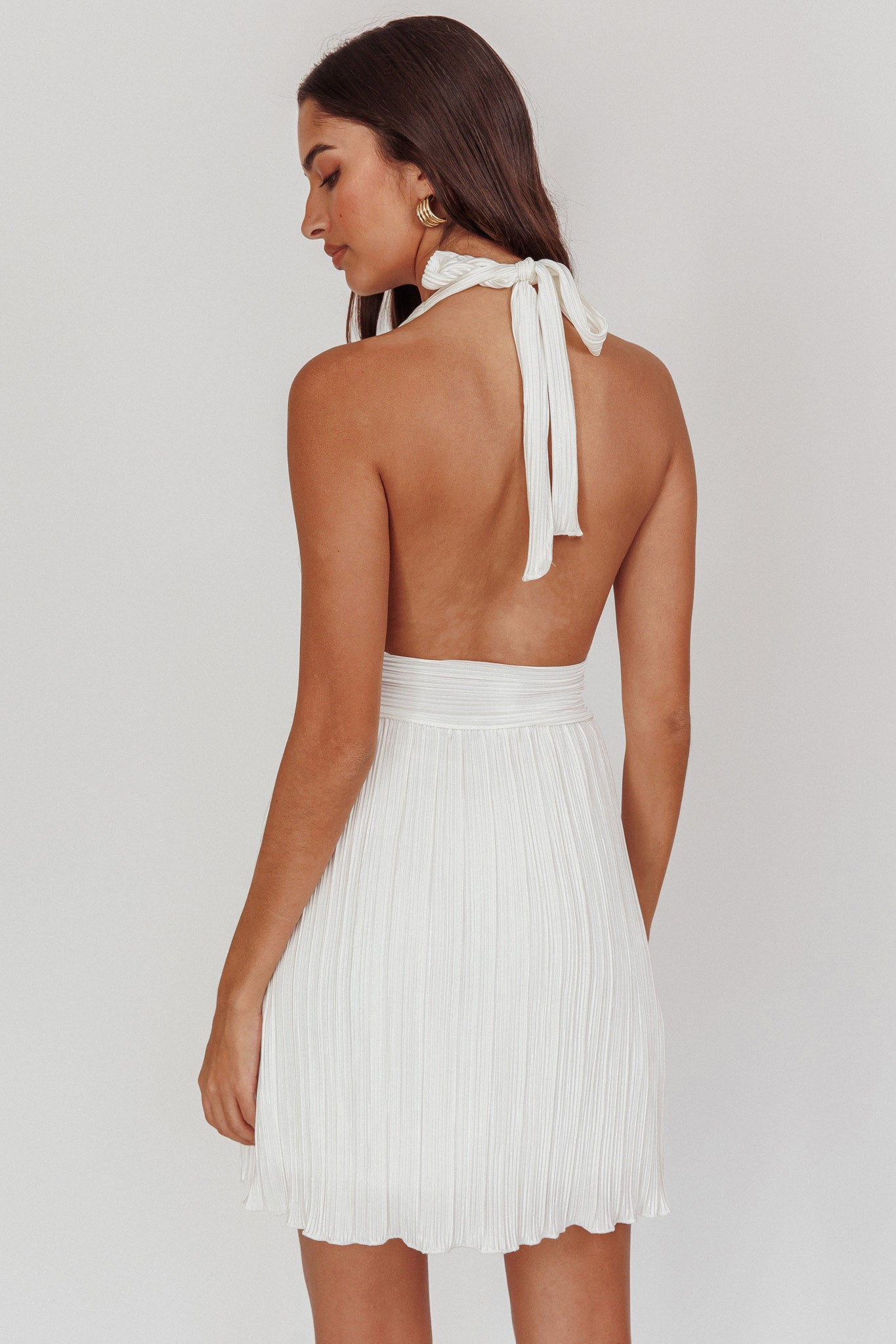 Sinia Plisse Halter Mini Dress Off White-Maymioy
