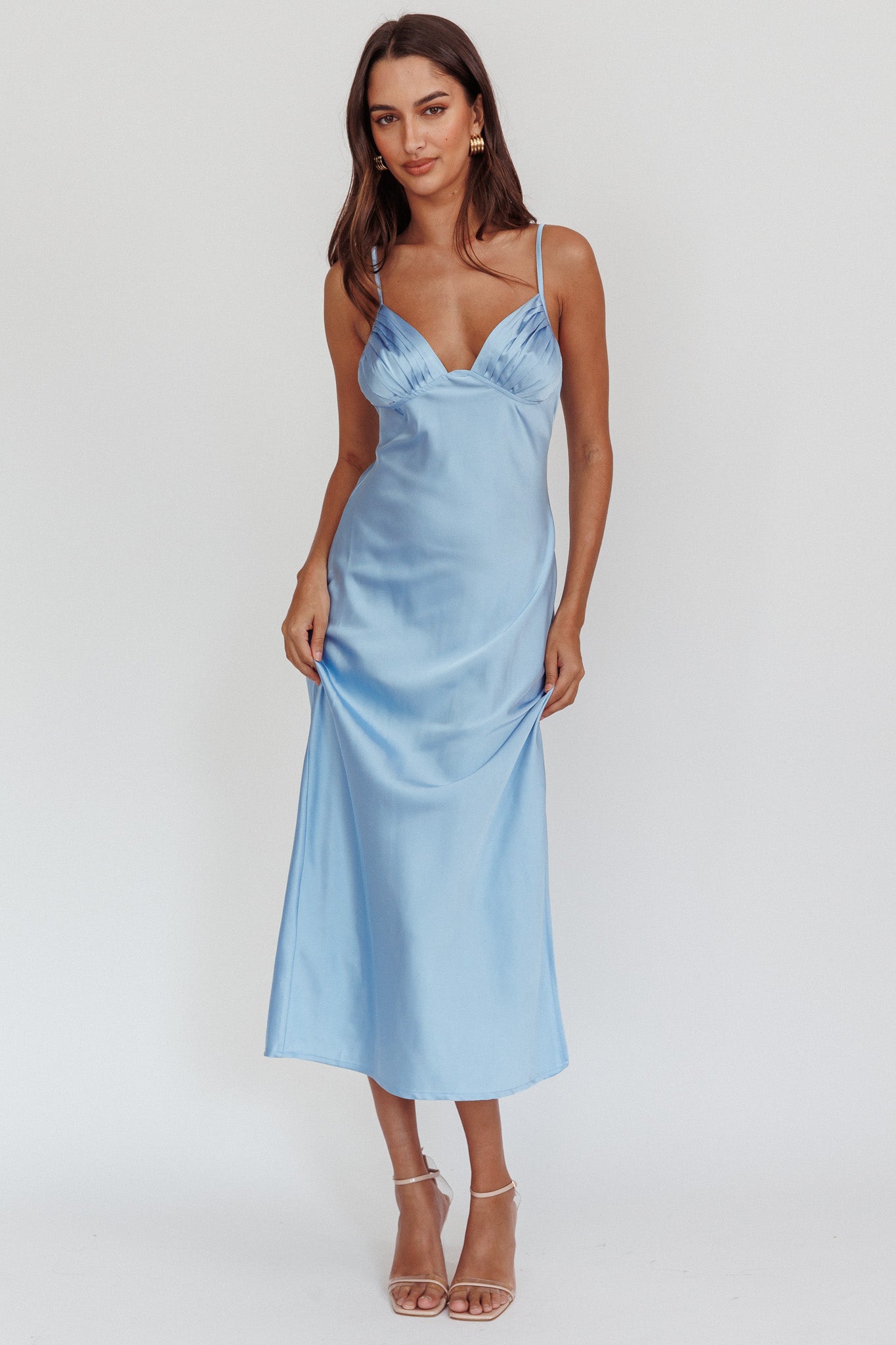 Felicity Pleat Bust Split Midi Dress Blue-Maymioy