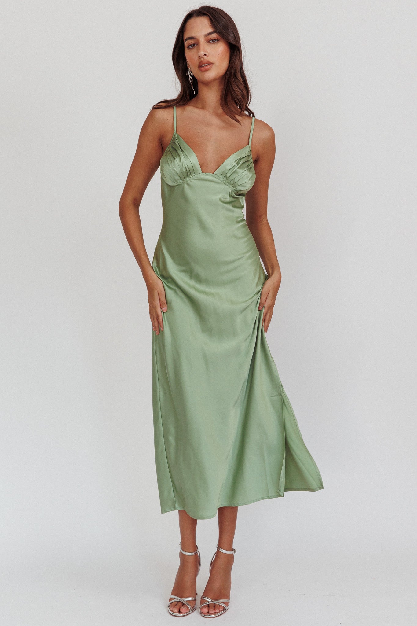 Felicity Pleat Bust Split Midi Dress Sage-Maymioy