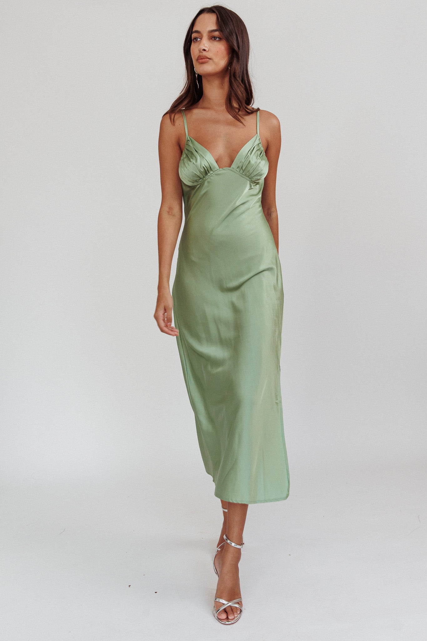 Felicity Pleat Bust Split Midi Dress Sage-Maymioy