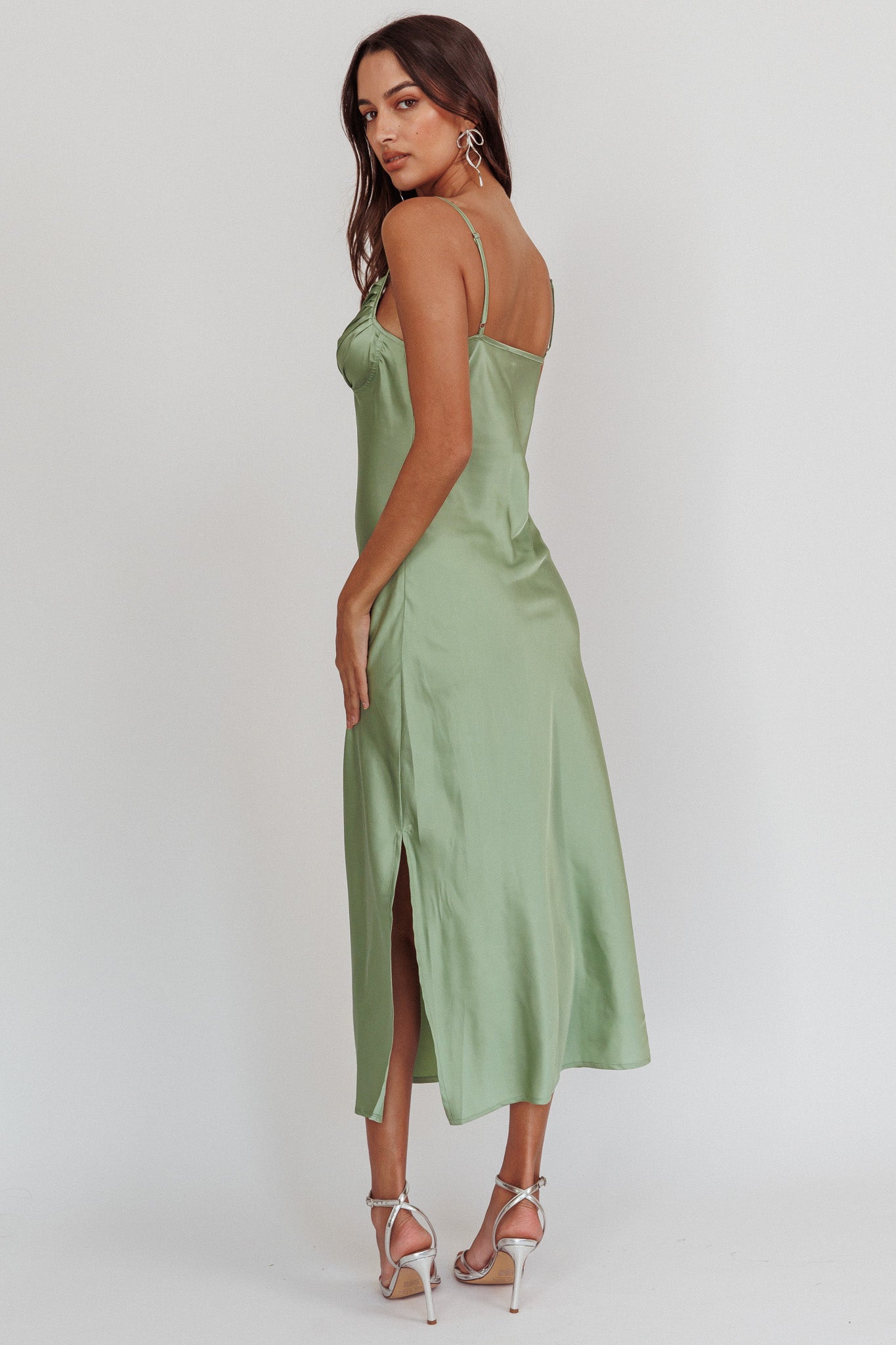 Felicity Pleat Bust Split Midi Dress Sage-Maymioy