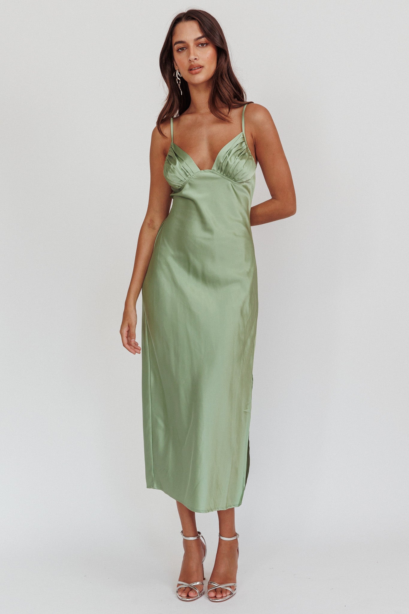 Felicity Pleat Bust Split Midi Dress Sage-Maymioy
