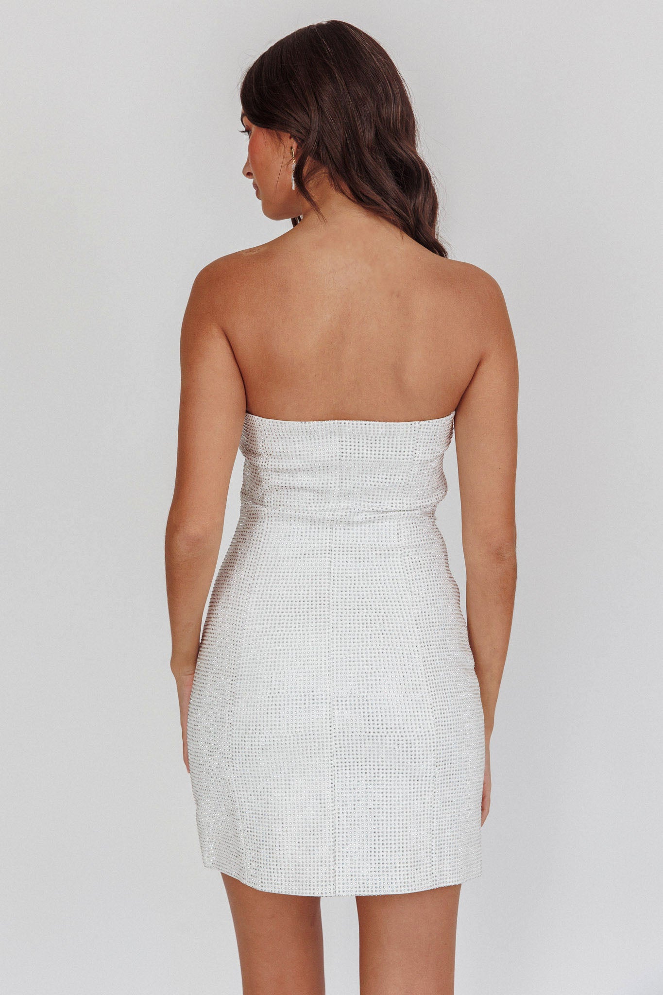 This Feeling Strapless Diamante Mini Dress White-Maymioy