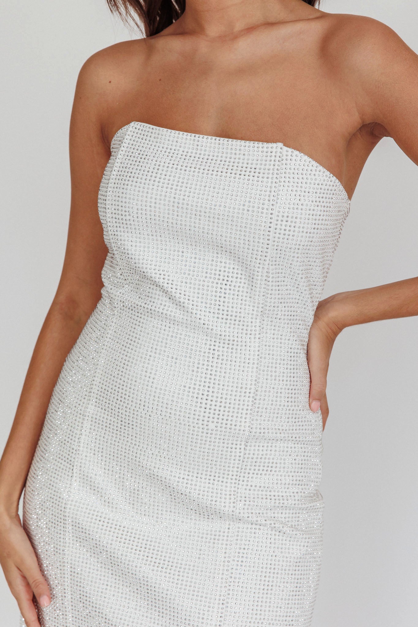 This Feeling Strapless Diamante Mini Dress White-Maymioy