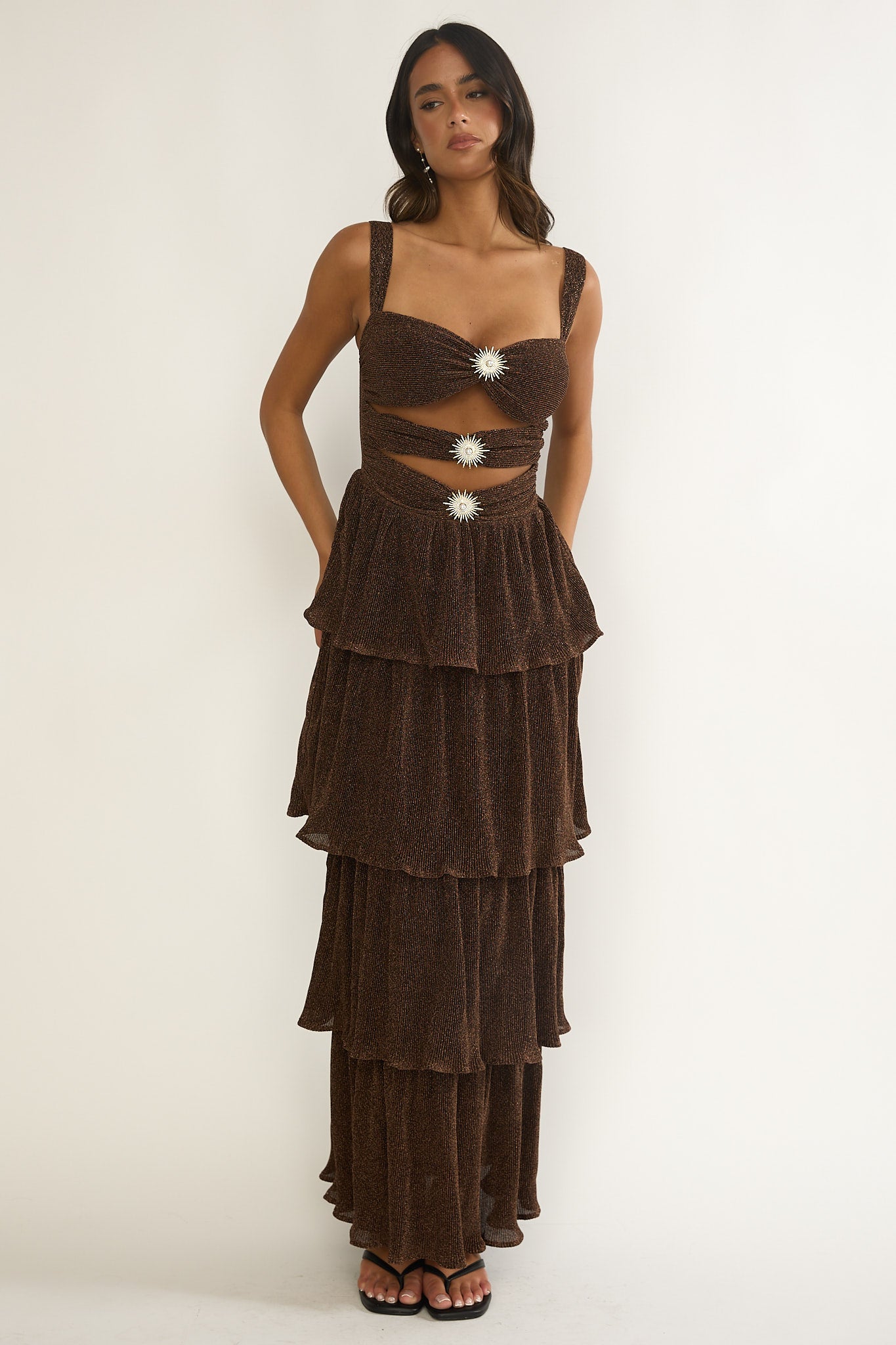 Ceylon Cut-Out Bodice Layered Maxi Dress Bronze-Maymioy