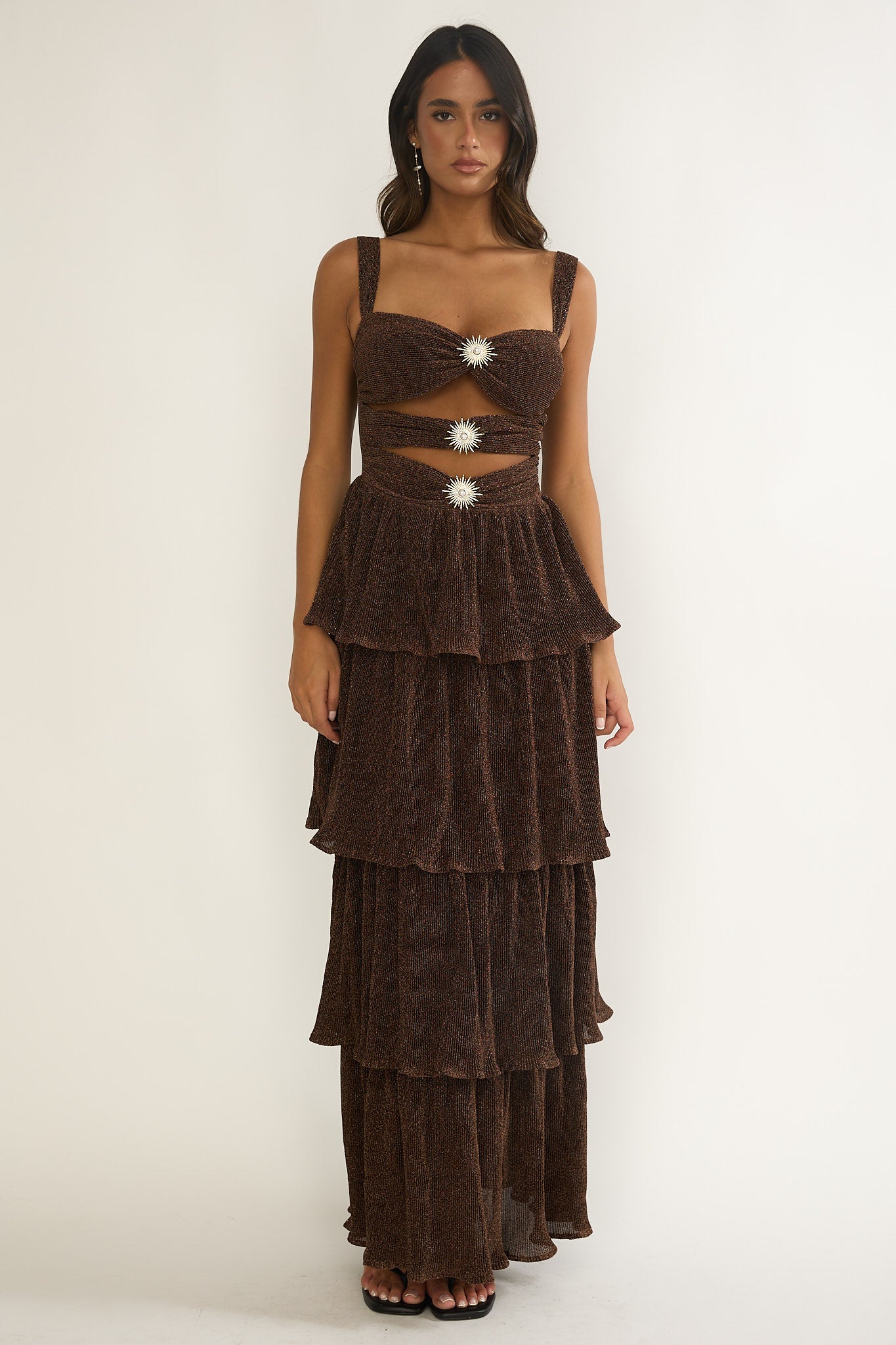 Ceylon Cut-Out Bodice Layered Maxi Dress Bronze-Maymioy