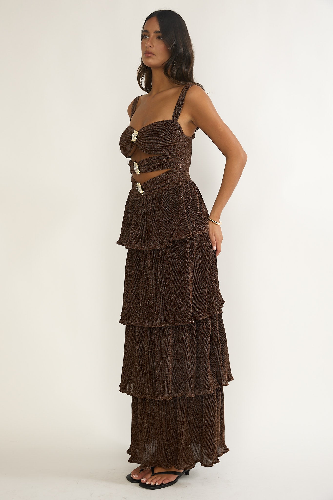 Ceylon Cut-Out Bodice Layered Maxi Dress Bronze-Maymioy