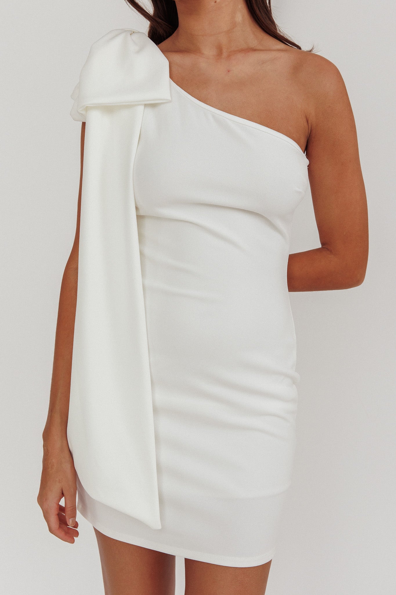 Earned It One Shoulder Bow Mini Dress Ivory-Maymioy