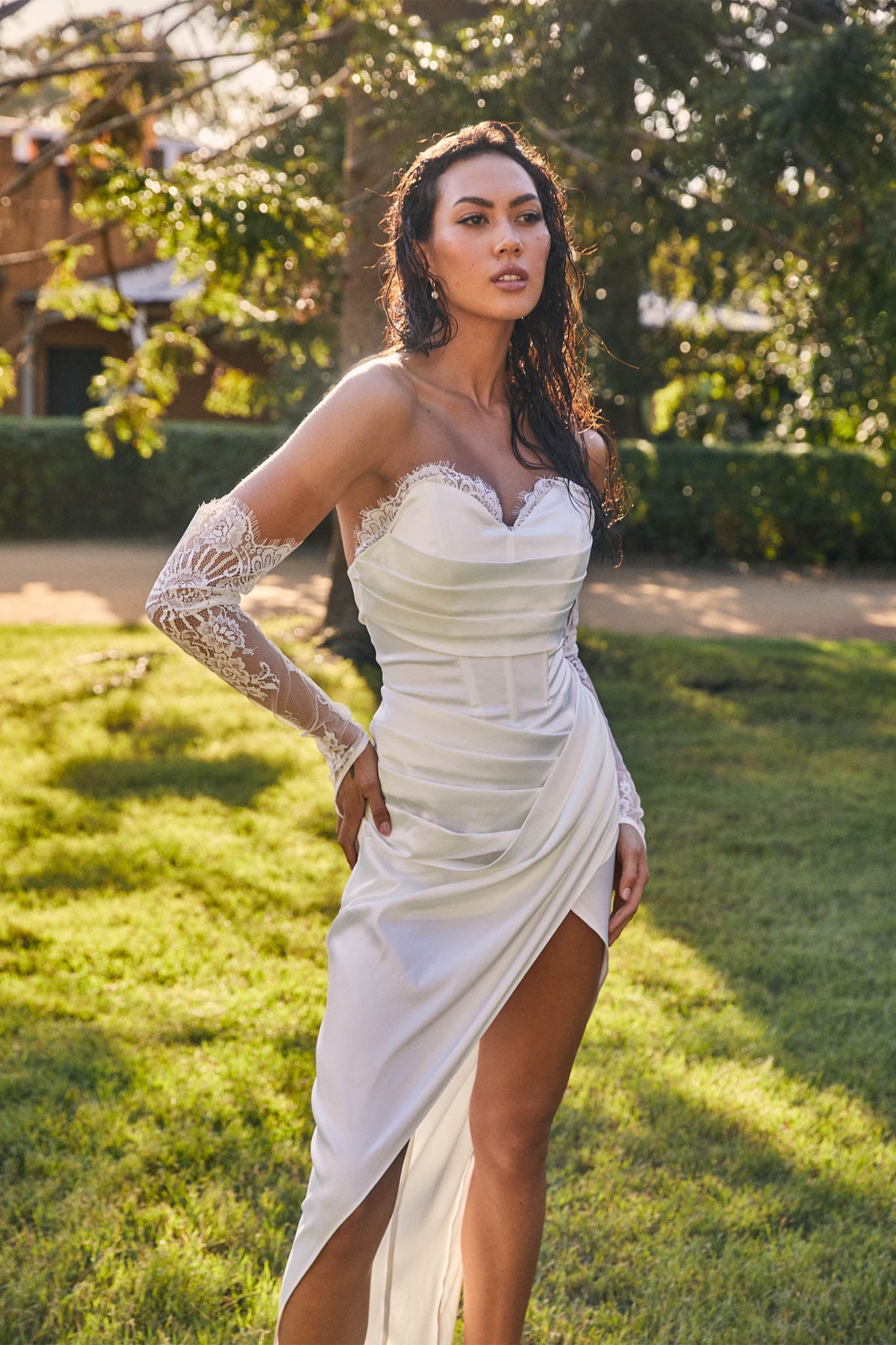 Shanice Lace Trim Sweetheart Midi Dress White-Maymioy