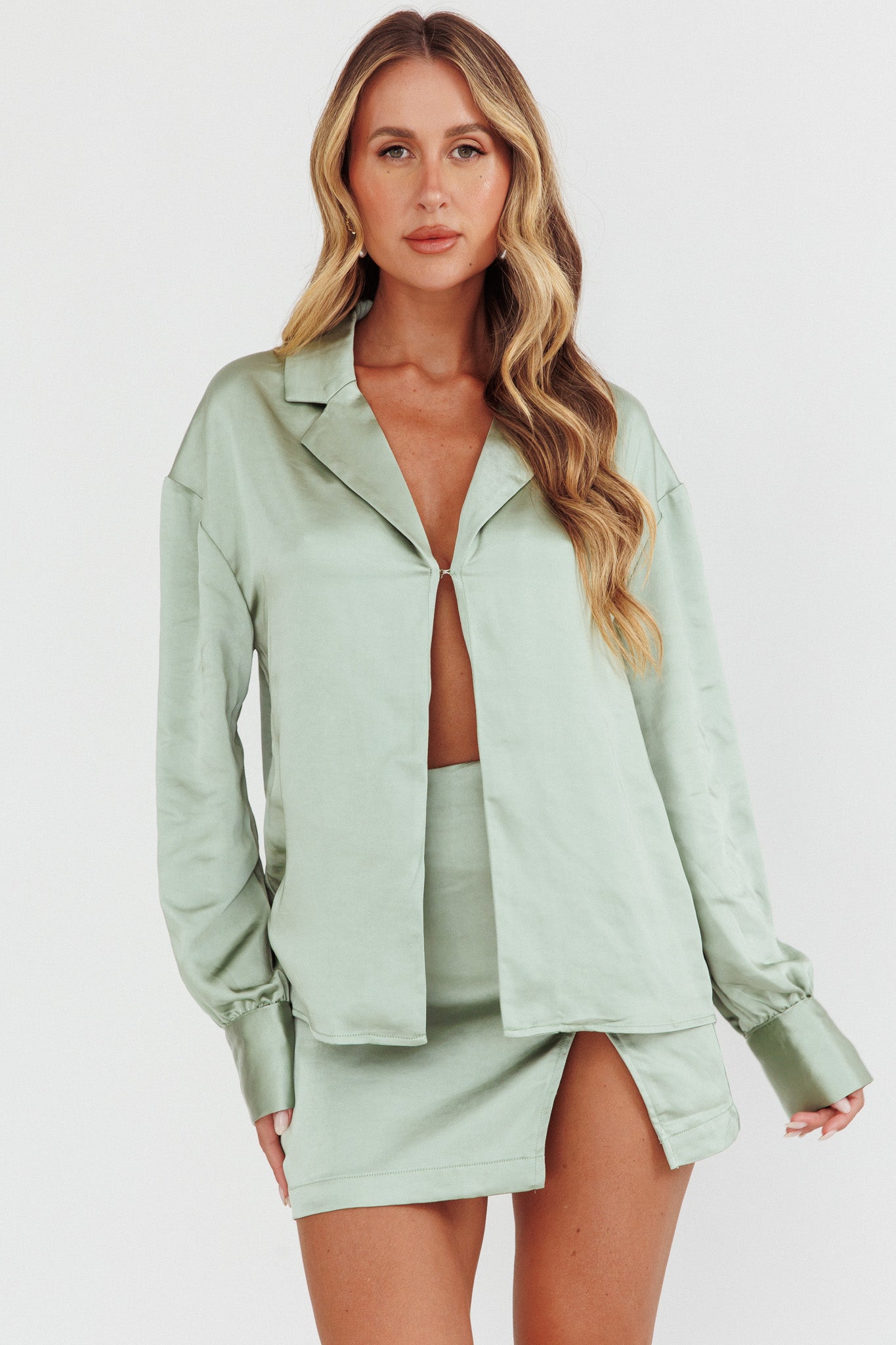 Coco Long Sleeve Satin Shirt Sage-Maymioy