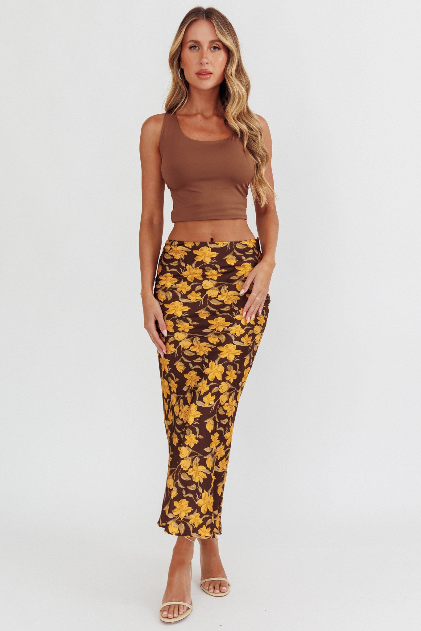 Wild Wanderings Midi Skirt Floral Brown-Maymioy