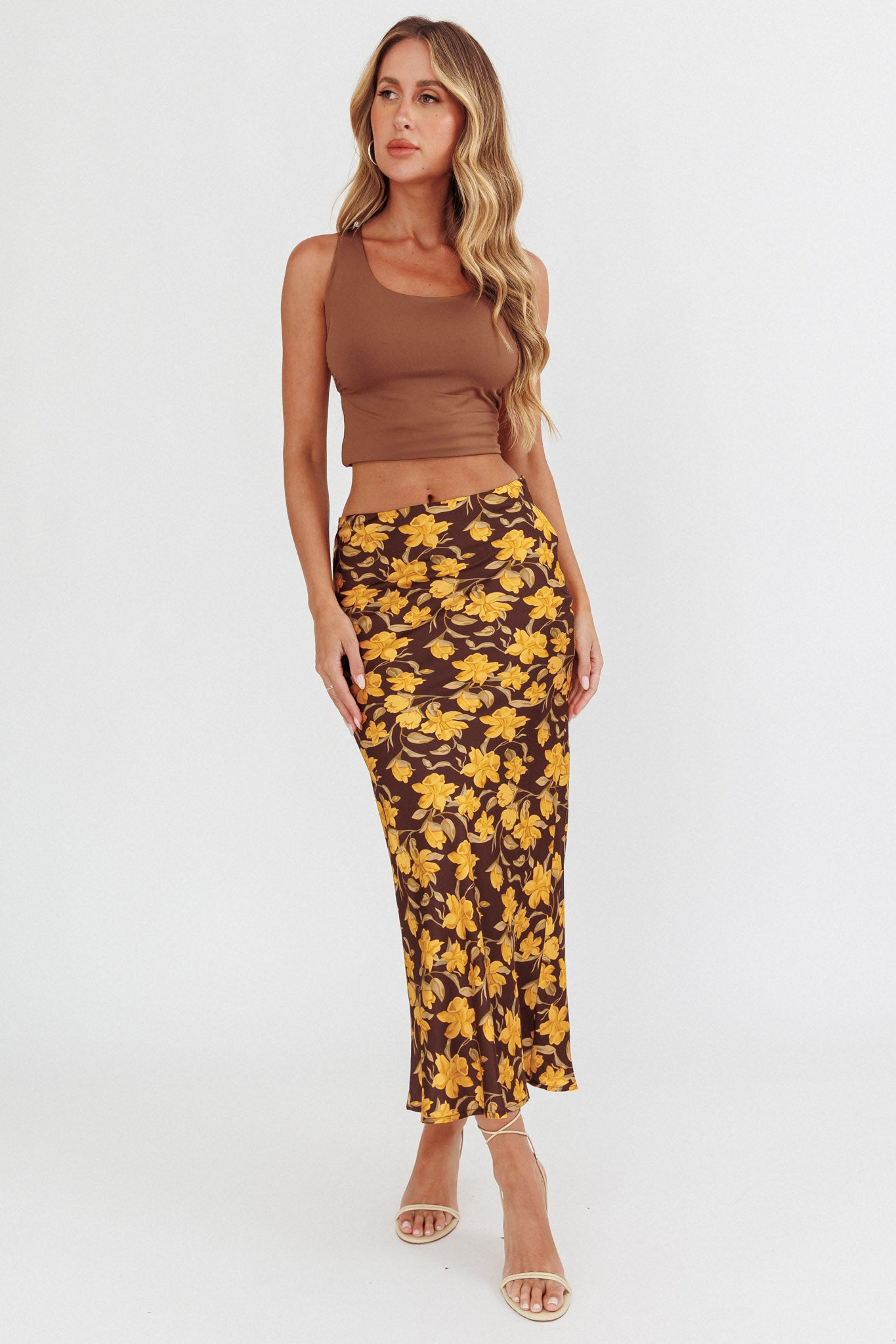 Wild Wanderings Midi Skirt Floral Brown-Maymioy
