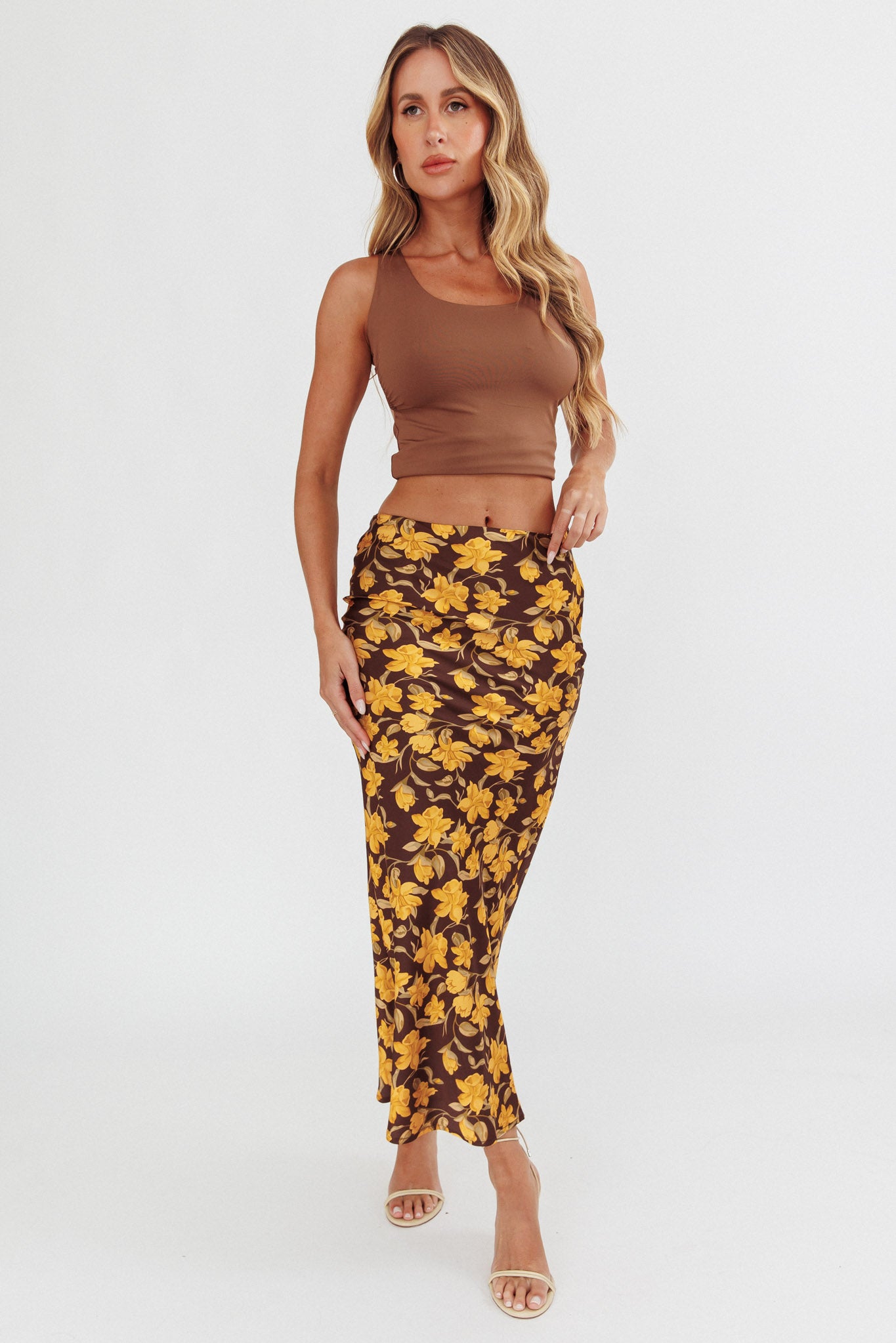 Wild Wanderings Midi Skirt Floral Brown-Maymioy