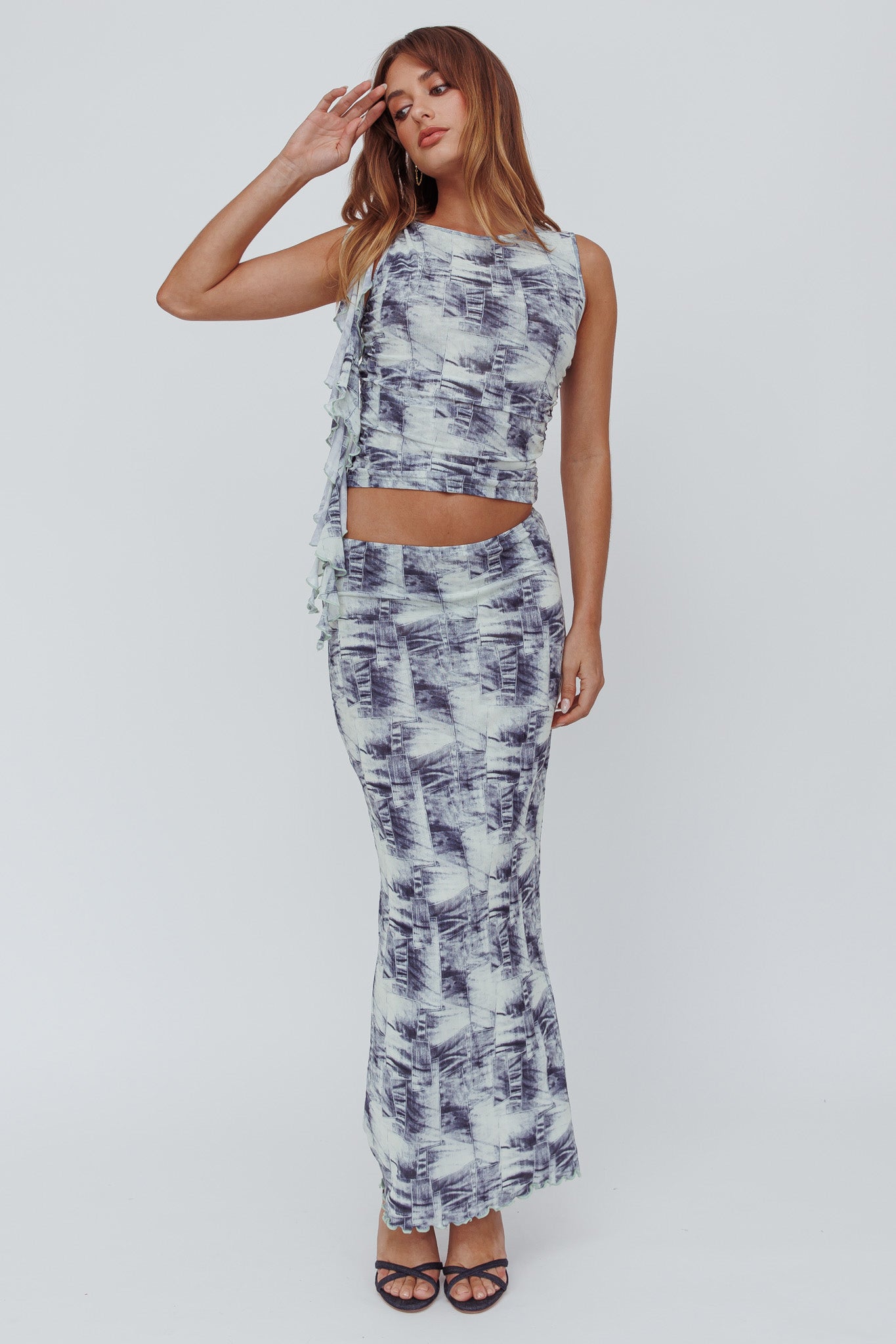 Conspire Print Maxi Skirt Blue Denim-Maymioy