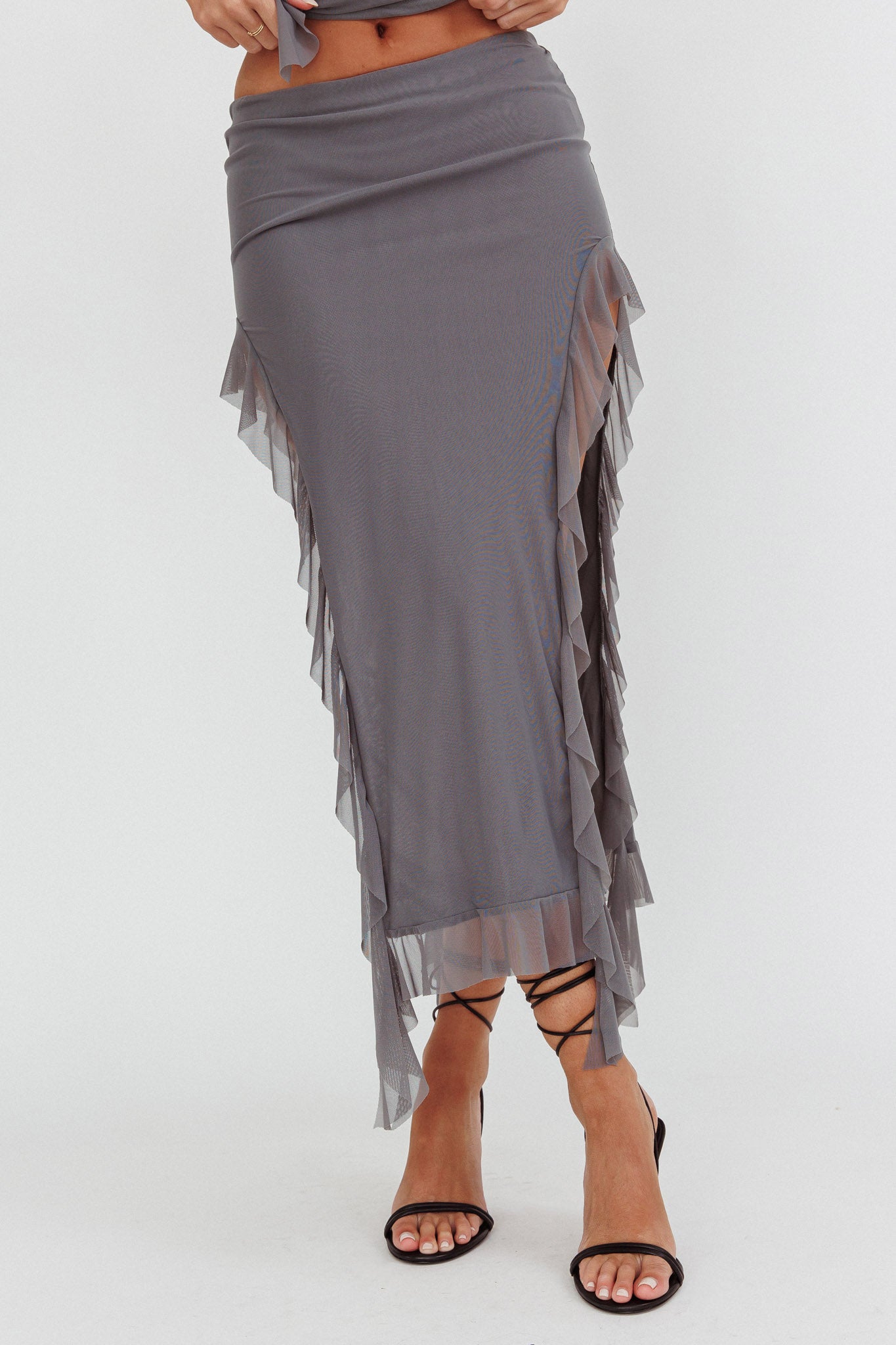 Hallucination Side Split Ruffle Midi Skirt Cement-Maymioy