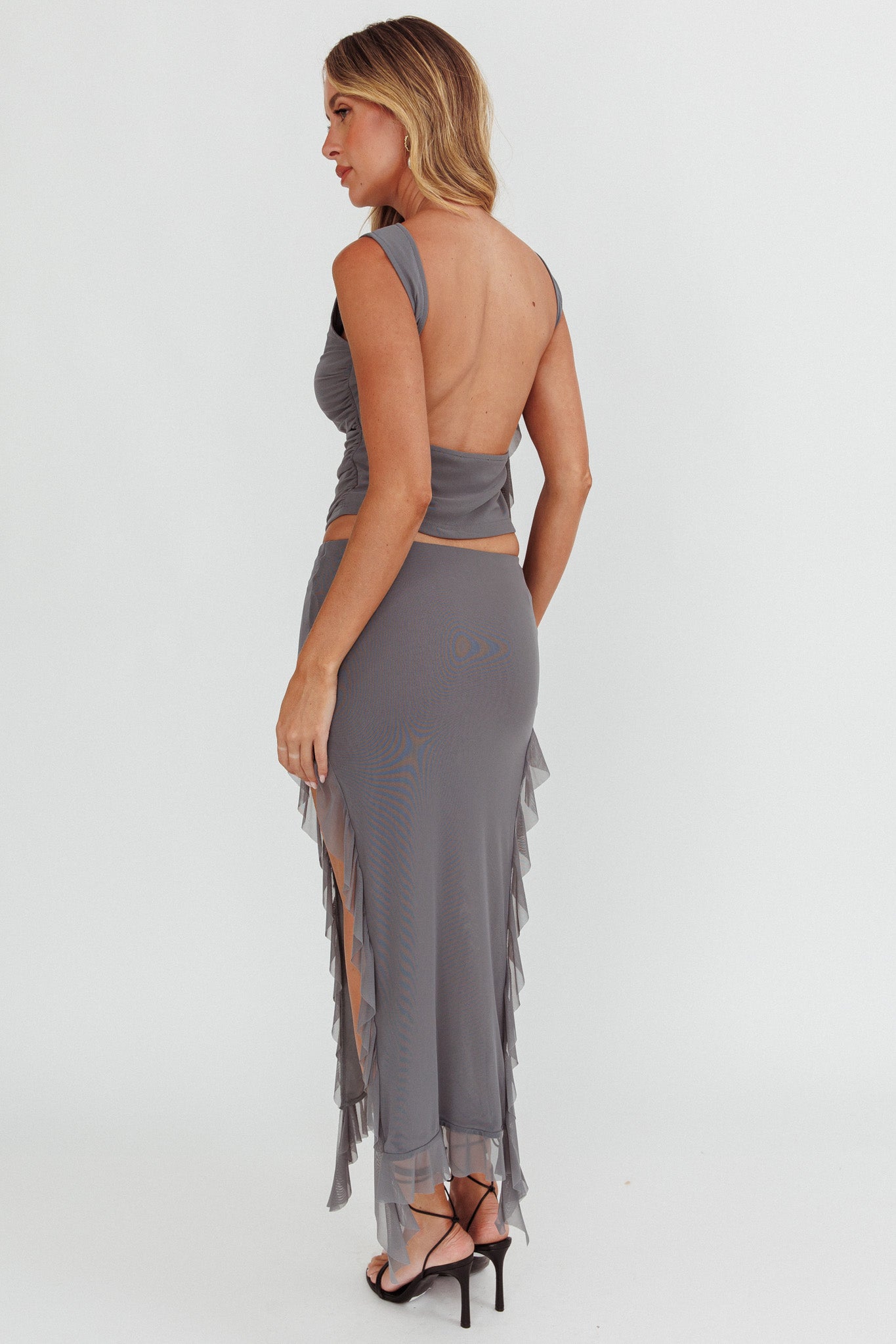 Hallucination Side Split Ruffle Midi Skirt Cement-Maymioy