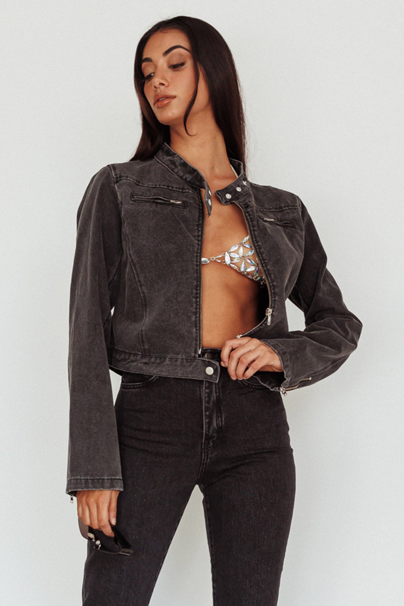 Girona Zipper Jacket Black Denim-Maymioy