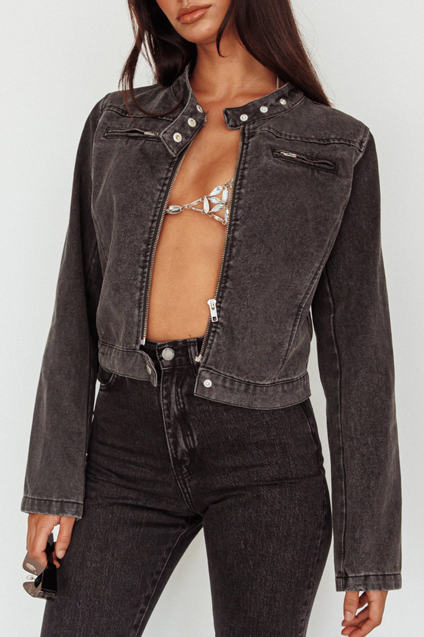 Girona Zipper Jacket Black Denim-Maymioy