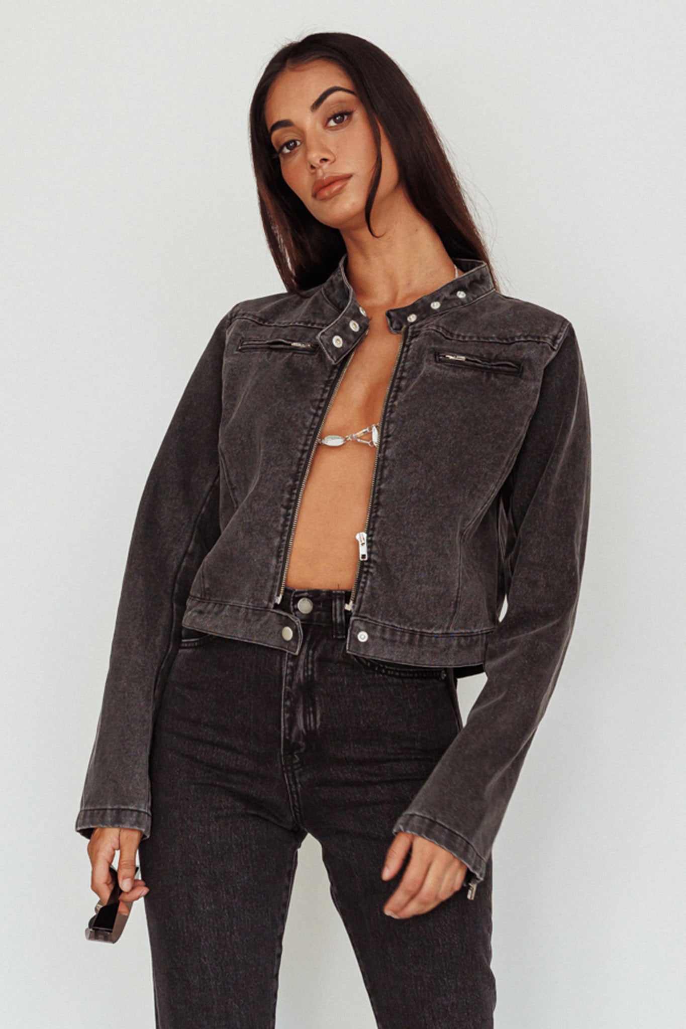 Girona Zipper Jacket Black Denim-Maymioy