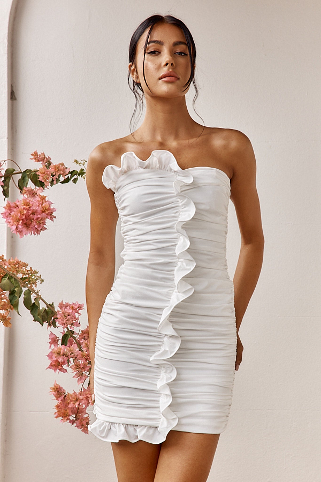 Summer Dawn Ruffle Trim Ruched Mini Dress White-Maymioy